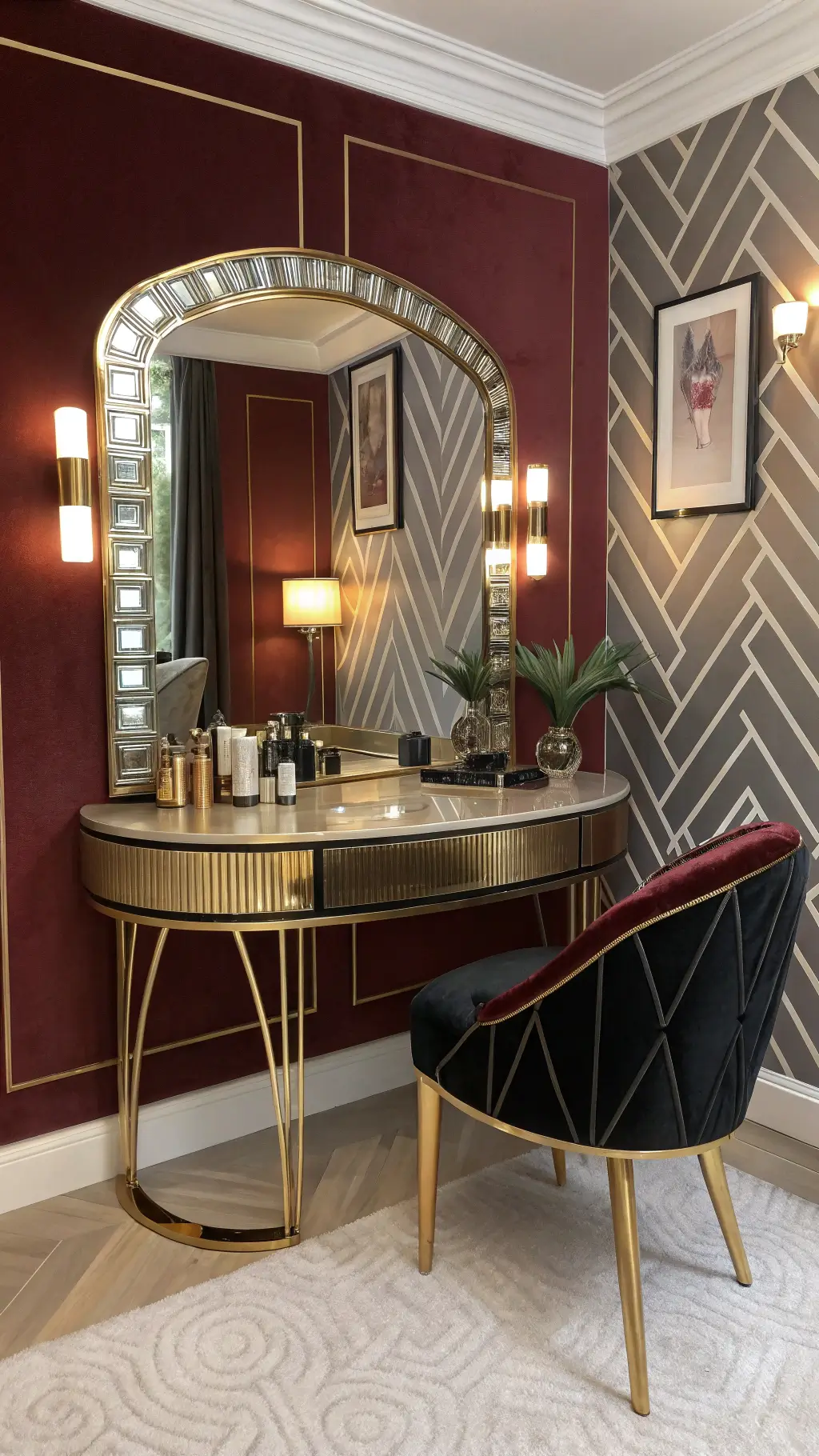 Luxurious Art Deco vanity corner with mirrored vanity, black velvet chair, crystal perfume bottles, and silver chevron-patterned burgundy walls, softly lit by natural light and a brass sconce.