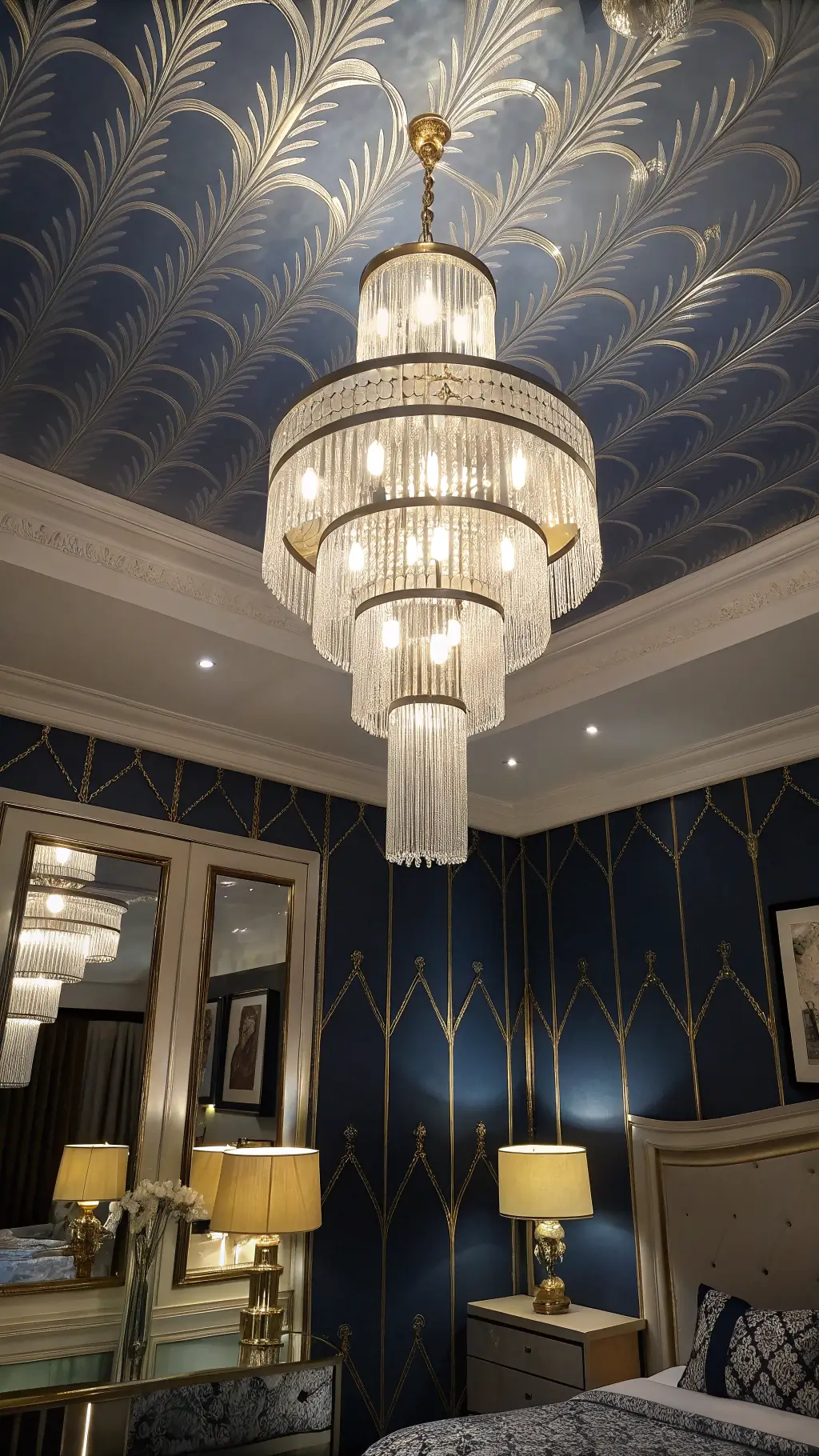 Art Deco bedroom at twilight with tiered crystal chandelier, chrome sconces, mirrored furniture, and metallic accents illuminated by layered lighting.