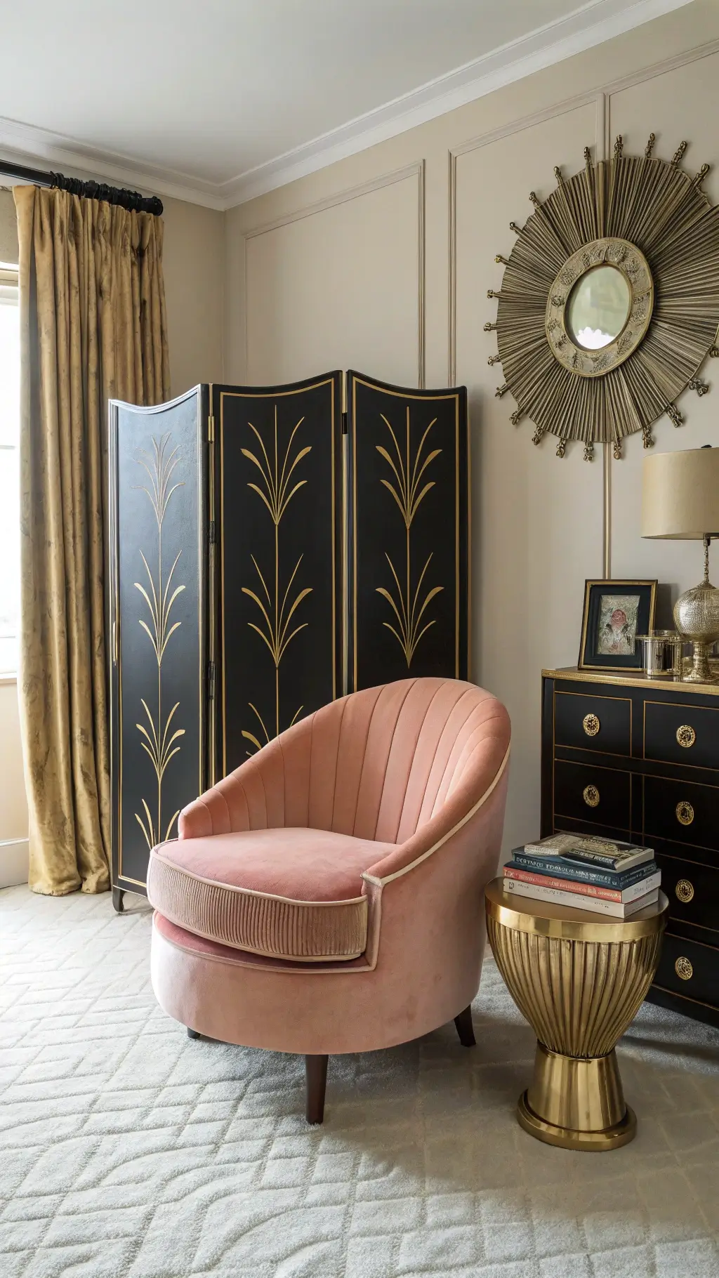 Art Deco bedroom seating area with shell-pink velvet armchair, black and gold folding screen, brass side table, sunburst mirror, and layered vintage textures.