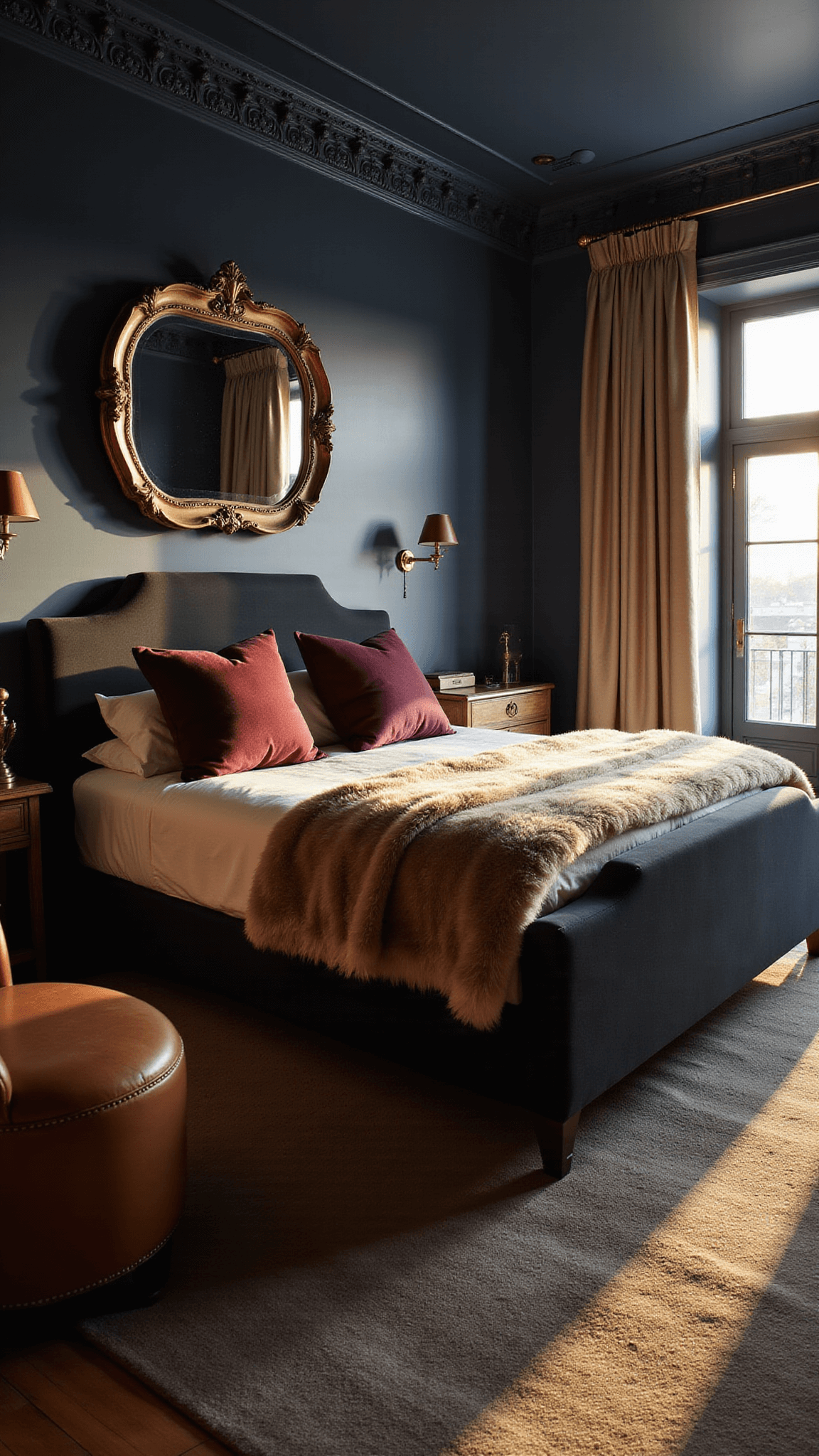 Moody master bedroom at golden hour with deep navy walls, velvet-dressed king bed, brass sconces, silk curtains, and dramatic lighting through French doors.