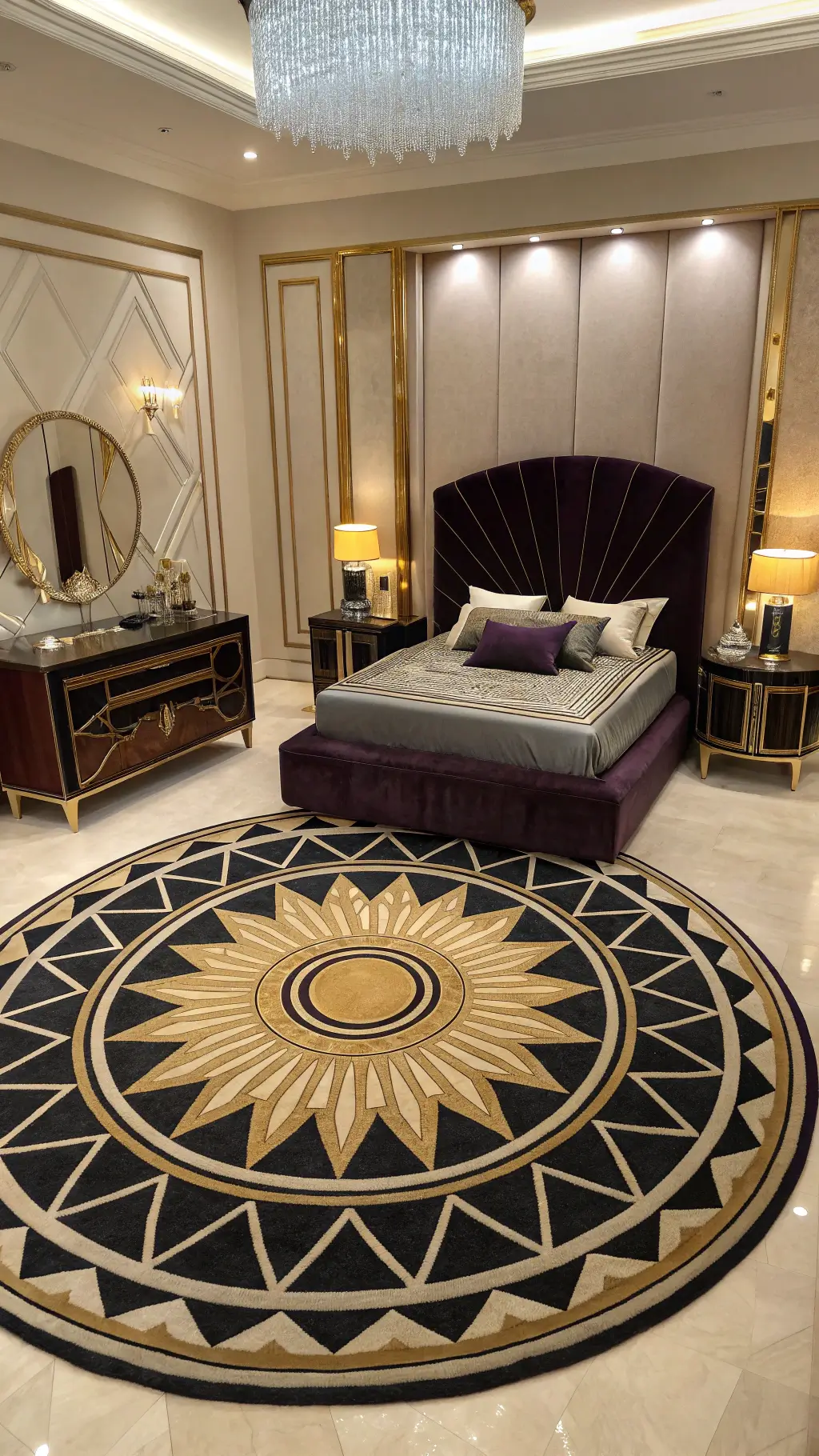 Bird's eye view of a symmetrical Art Deco bedroom with circular black, gold, and cream rug, aubergine velvet bed, mirrored nightstands, geometric lamps, and metallic armchairs in each corner.