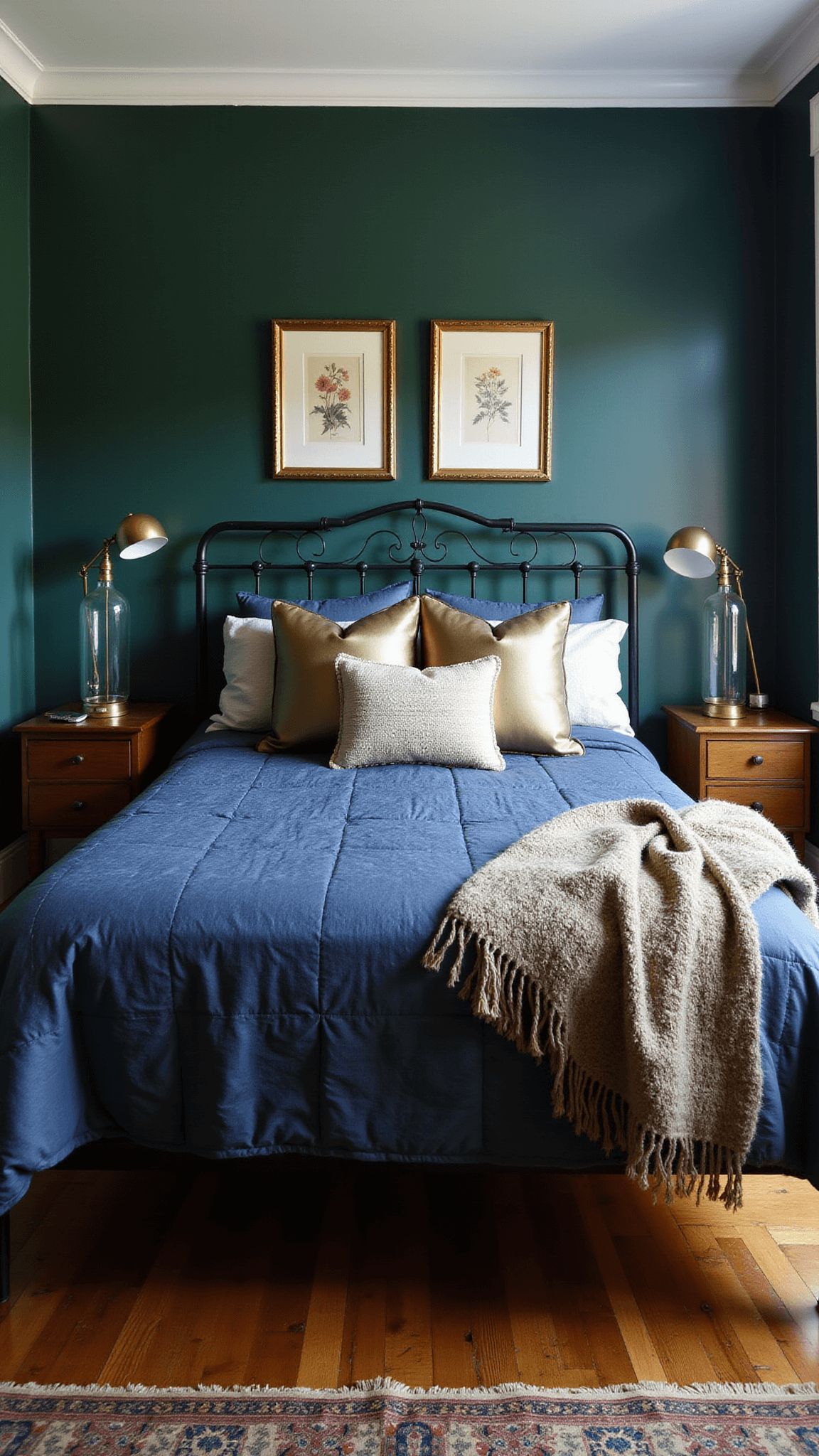 Cozy 12x12ft bedroom at dusk with forest green accent wall, iron queen bed, indigo bedding, metallic pillows, knit throw, vintage botanical prints, herringbone floor, and Persian rug.