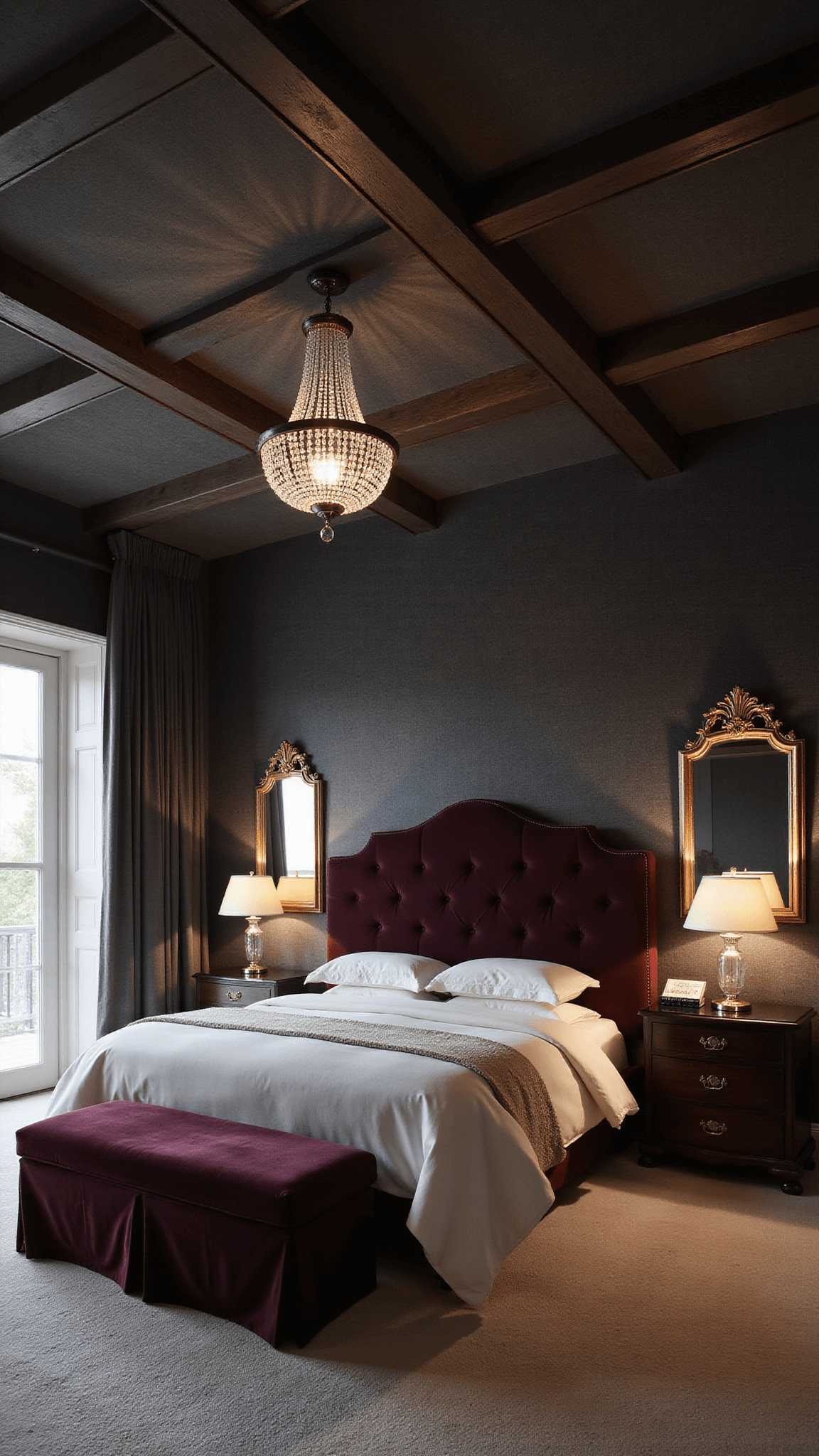 Moody boudoir at twilight with ivory California king bed, burgundy velvet headboard, charcoal grasscloth walls, dim crystal chandelier, gold vintage accents, and floor-length mirrors.