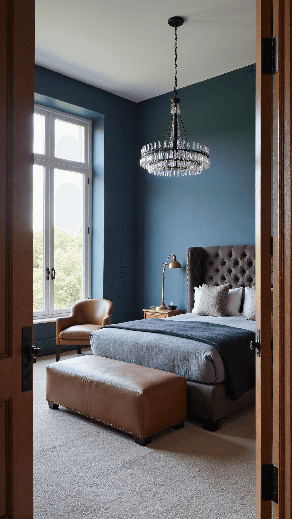 Primary suite with indigo walls, king bed with tall tufted headboard, leather chaise reading nook, and sunlight pouring through floor-to-ceiling windows.