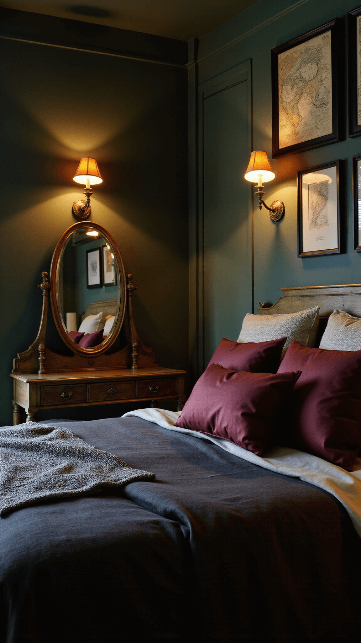 Moody forest green guest room at midnight with warm amber sconces, queen bed with dark layered bedding, vintage map gallery wall, and antique brass vanity softly lit.