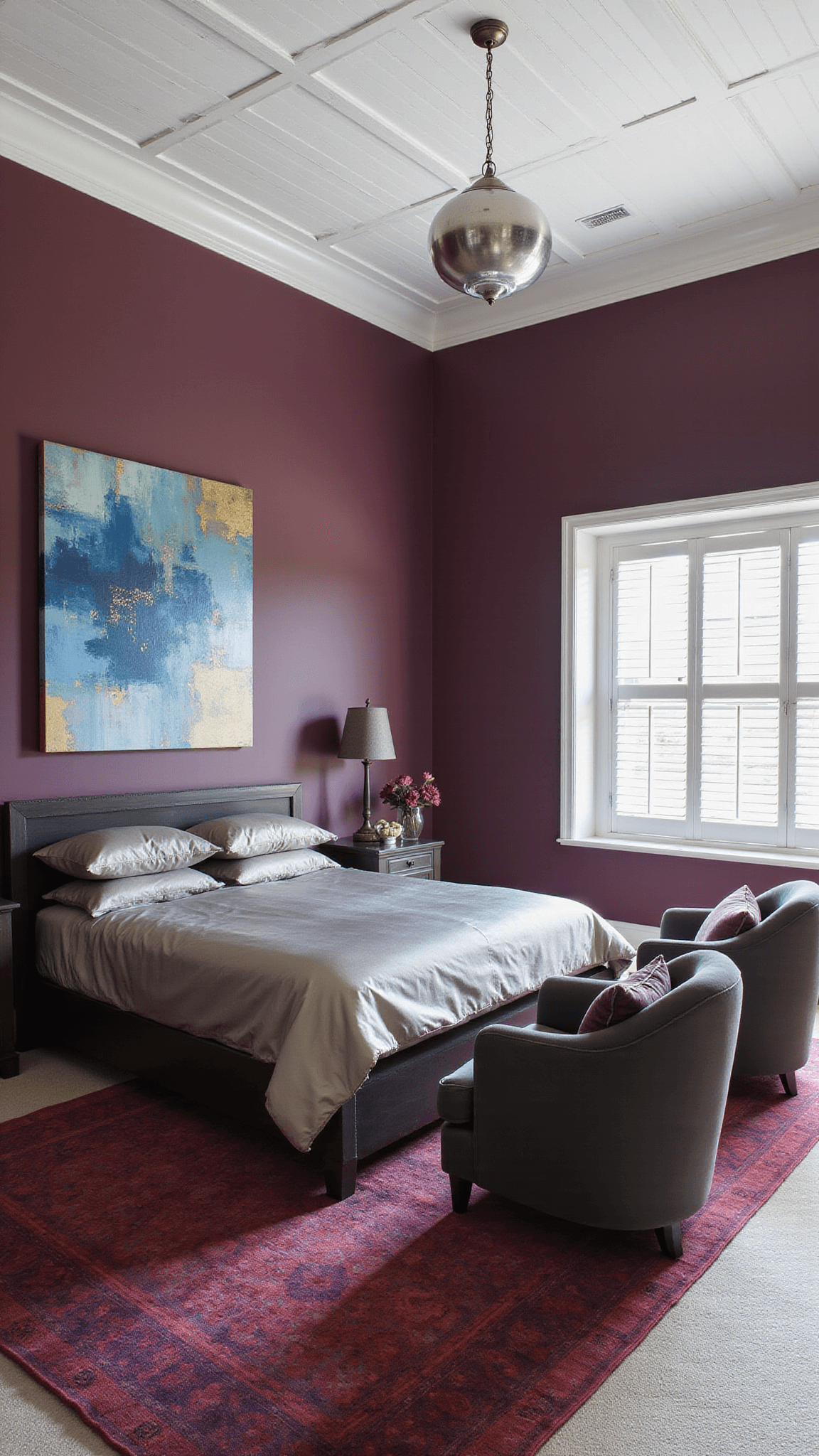 Aubergine-walled bedroom with pewter silk bed, blue and gold abstract art, mercury glass pendants, velvet club chairs, and layered jewel-toned textiles.