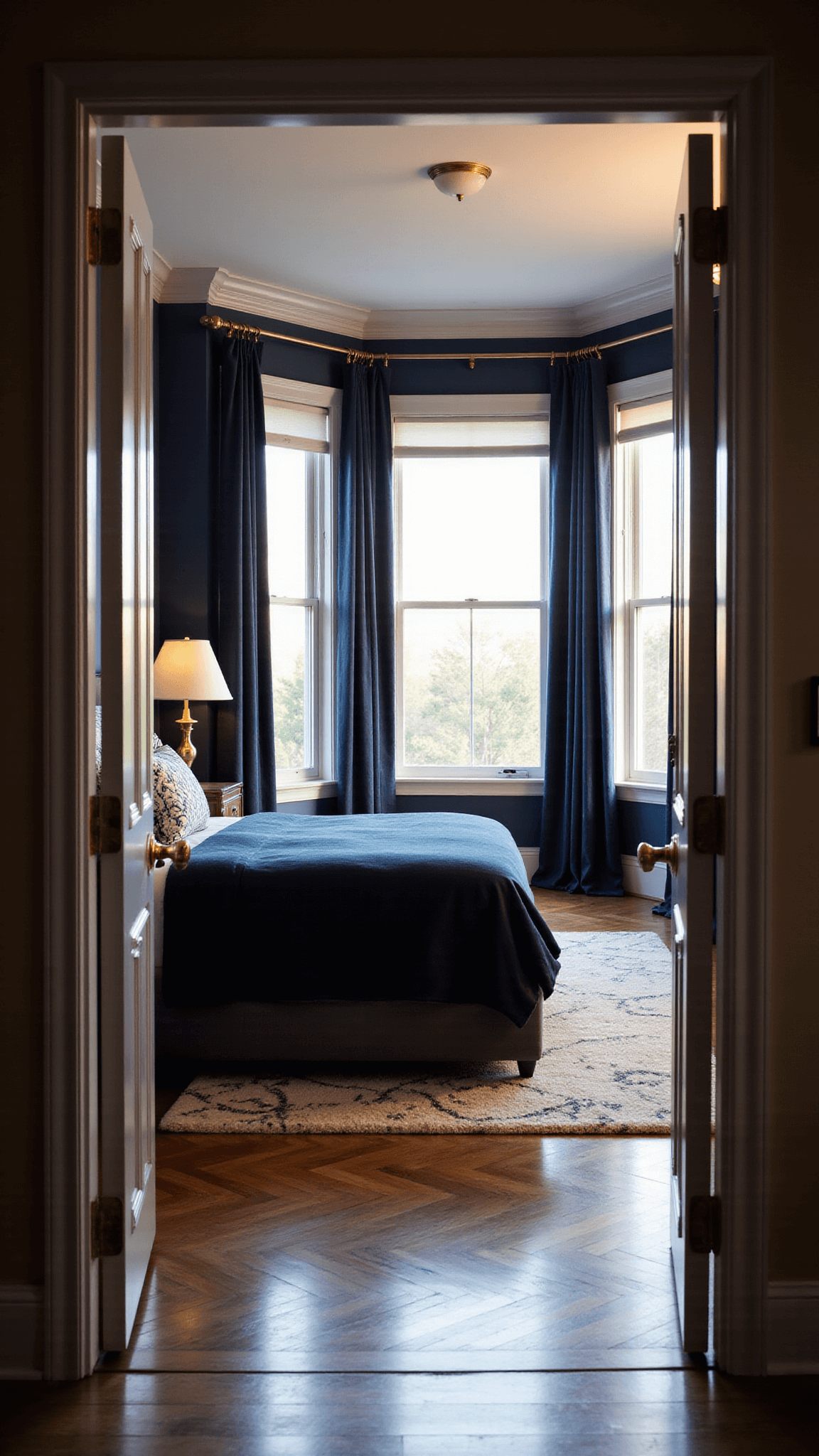 Luxurious navy master bedroom with velvet bed, brass sconces, bay window draped in midnight blue, and warm golden hour lighting.