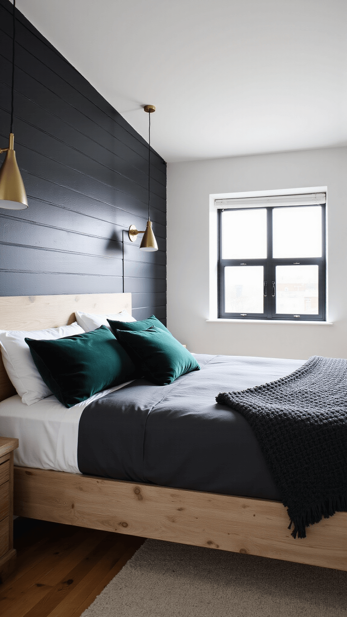 Modern 12x14ft bedroom with black shiplap accent wall, oak platform bed, charcoal and emerald bedding, brass pendant lights, and natural daylight through steel-framed windows.