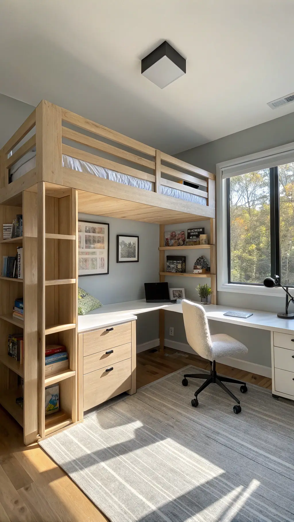 Modern sunlit kids' bedroom with L-shaped white oak bunk bed and built-in study desk, matte black hardware, light gray walls, and golden hour lighting through floor-to-ceiling windows.