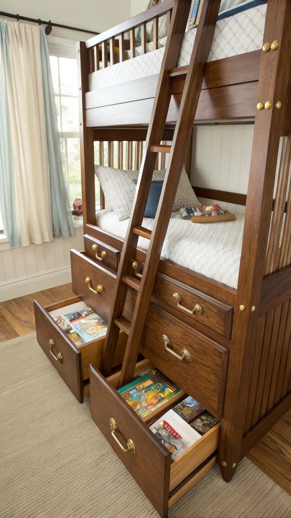 Innovative walnut bunk bed ladder with pull-out drawer steps, highlighted by brass pulls and natural light, showcasing child-safe storage with books and toys.