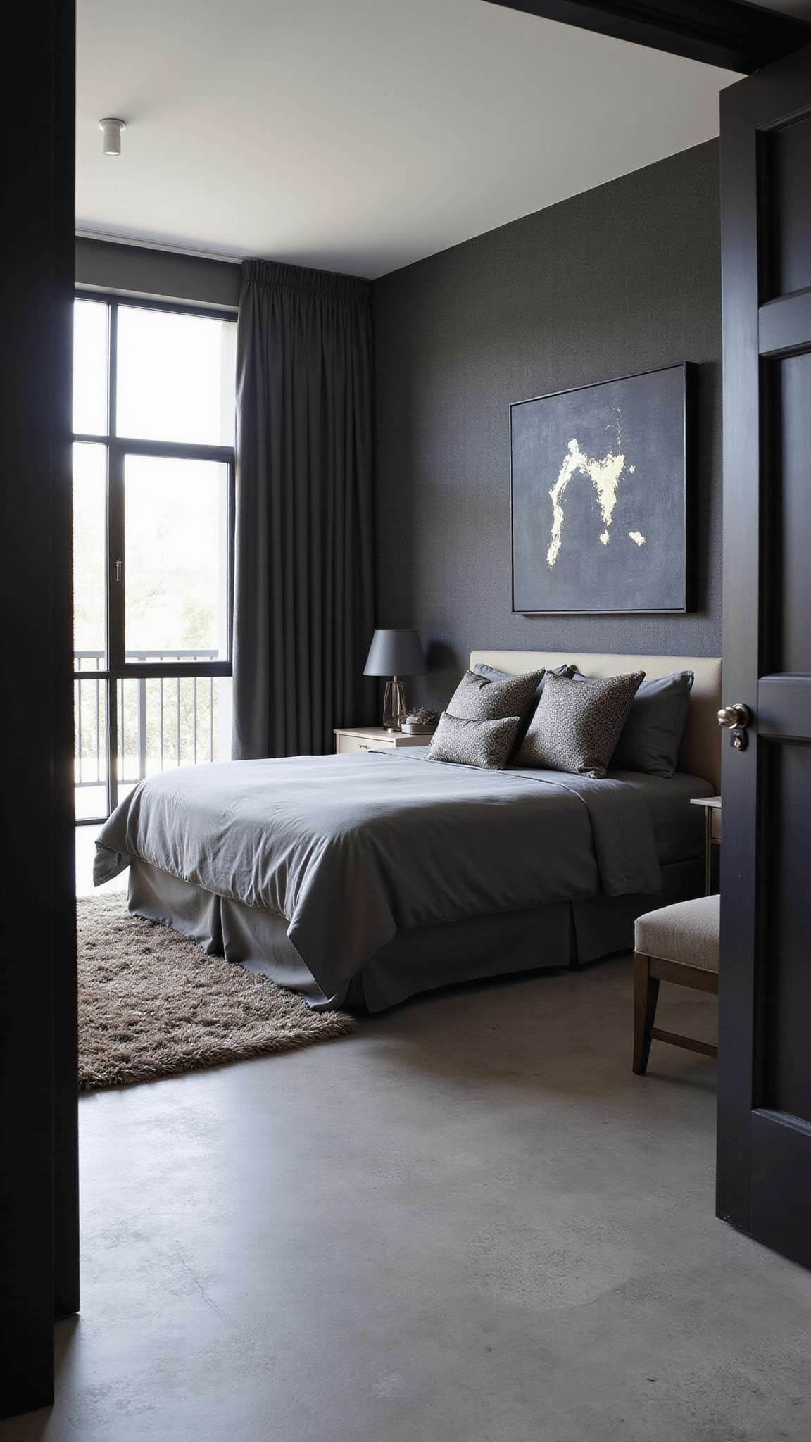 Modern 15x18ft primary suite with charcoal grasscloth accent wall, floor-to-ceiling black-framed windows, California king bed in slate silk bedding, abstract black and gold artwork above headboard, polished concrete floors with mohair rug, and backlit dramatic lighting.