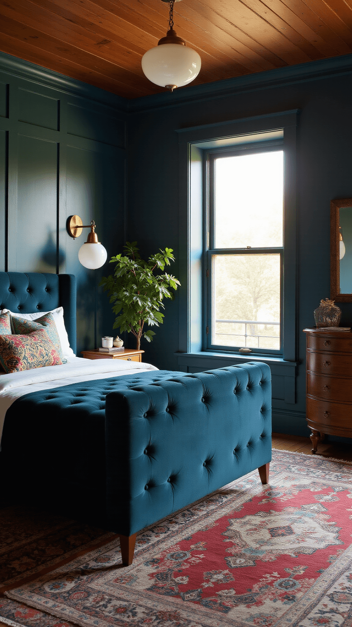 Cozy 11x13ft bedroom with dark teal paneled walls, a midnight blue velvet tufted bed, asymmetrical brass and globe pendant lights, layered jewel-toned vintage rugs, and golden hour sunlight highlighting textures and ceiling height.