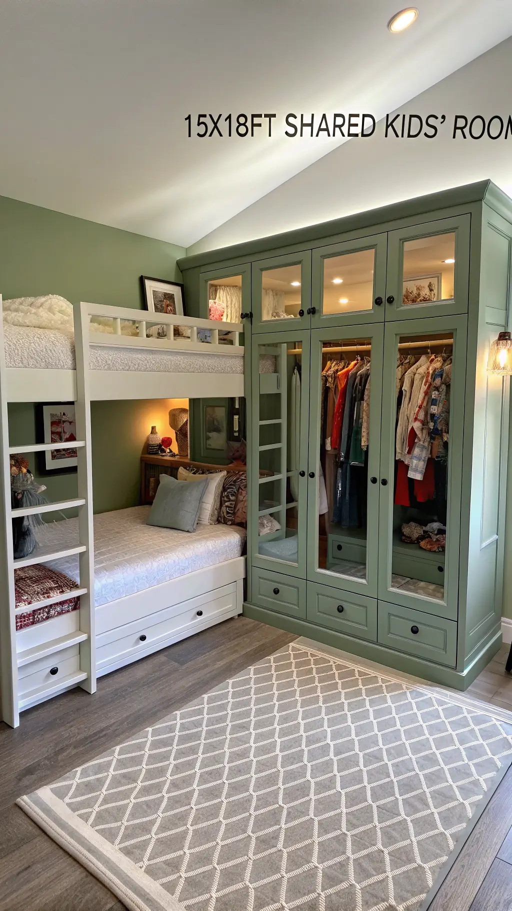 Sophisticated shared kids' room with sage green and white full wardrobe bunk bed, built-in closets with glass doors and LED lighting, personalized decor, and dramatic late afternoon shadows.