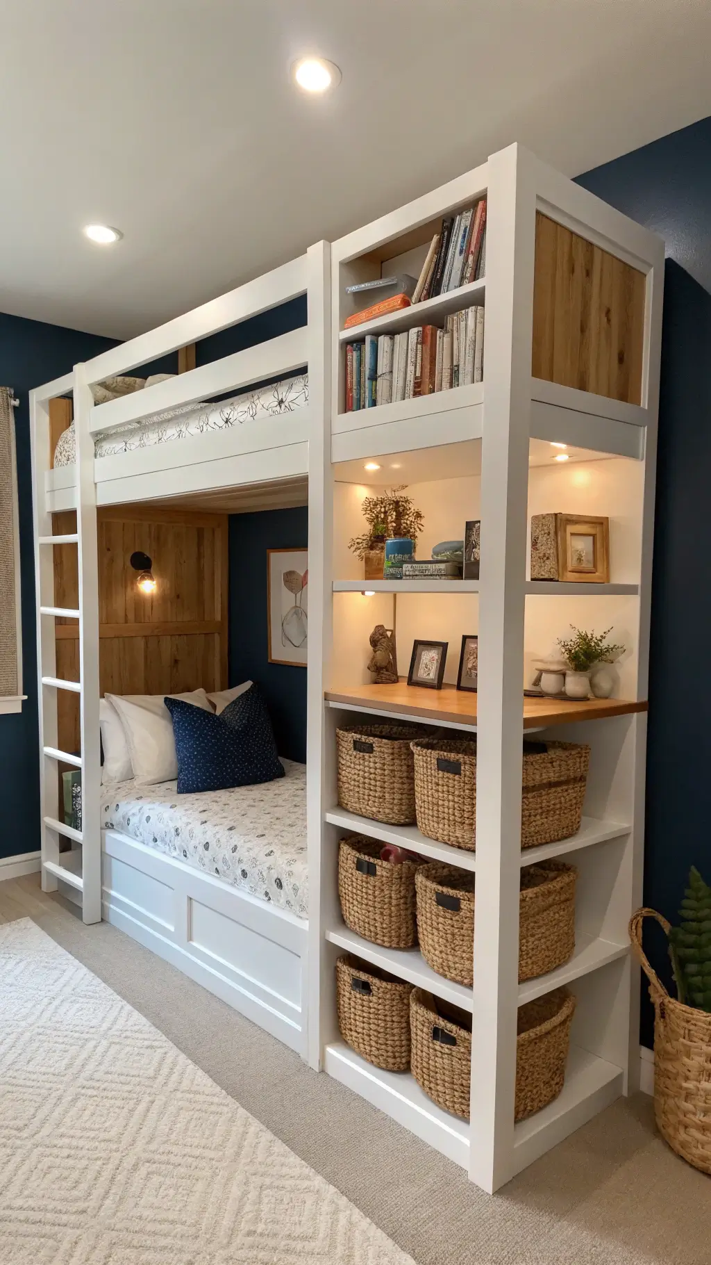 White and natural wood bunk bed framed by tall shelving units against a navy wall, with cozy lighting and neatly arranged books, baskets, and decor.