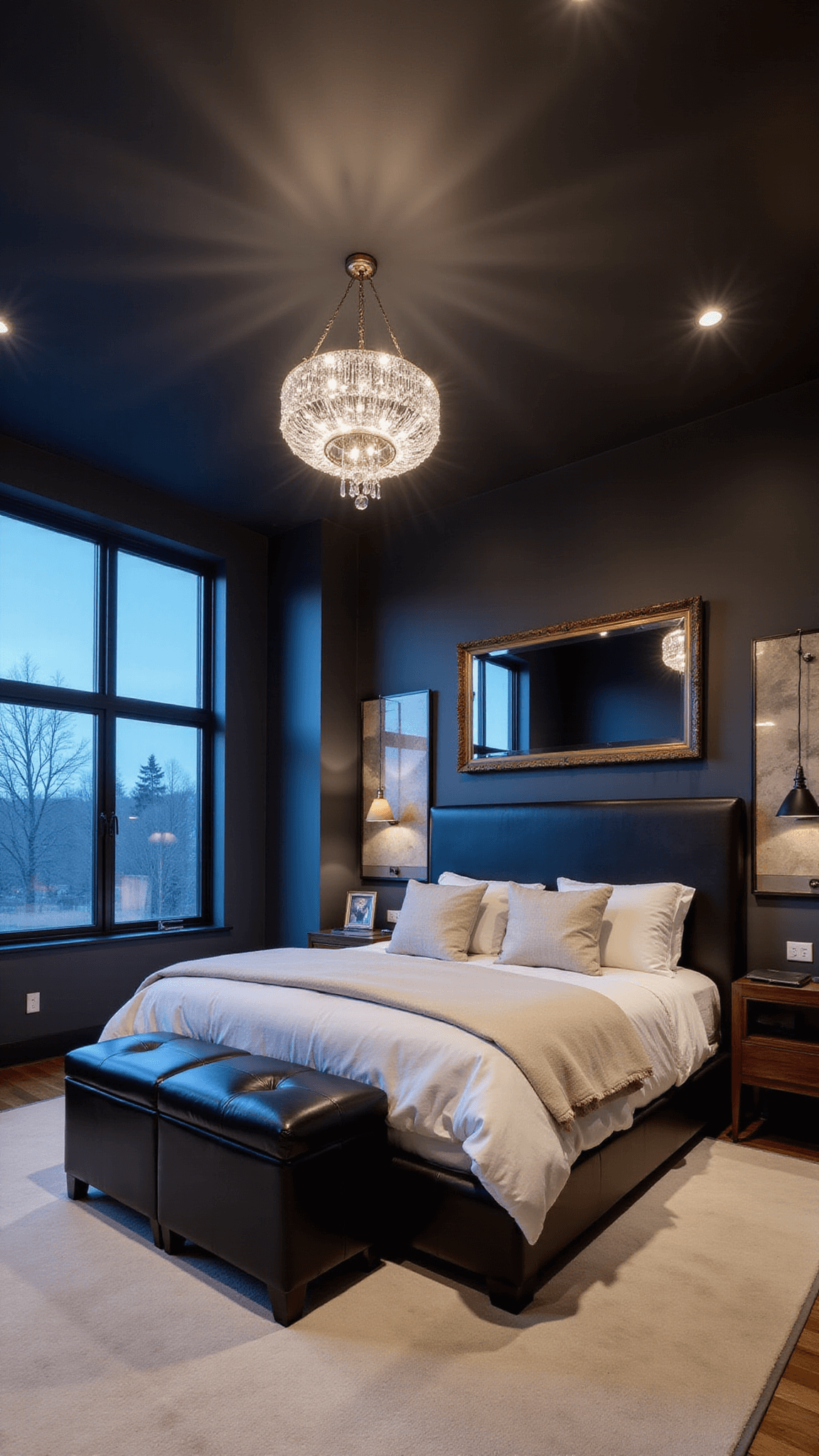 Dramatic 16x14ft bedroom with black ceiling, deep graphite walls, twilight light through steel windows, black leather king bed with white linens, crystal chandelier, and bronze mirror gallery wall.
