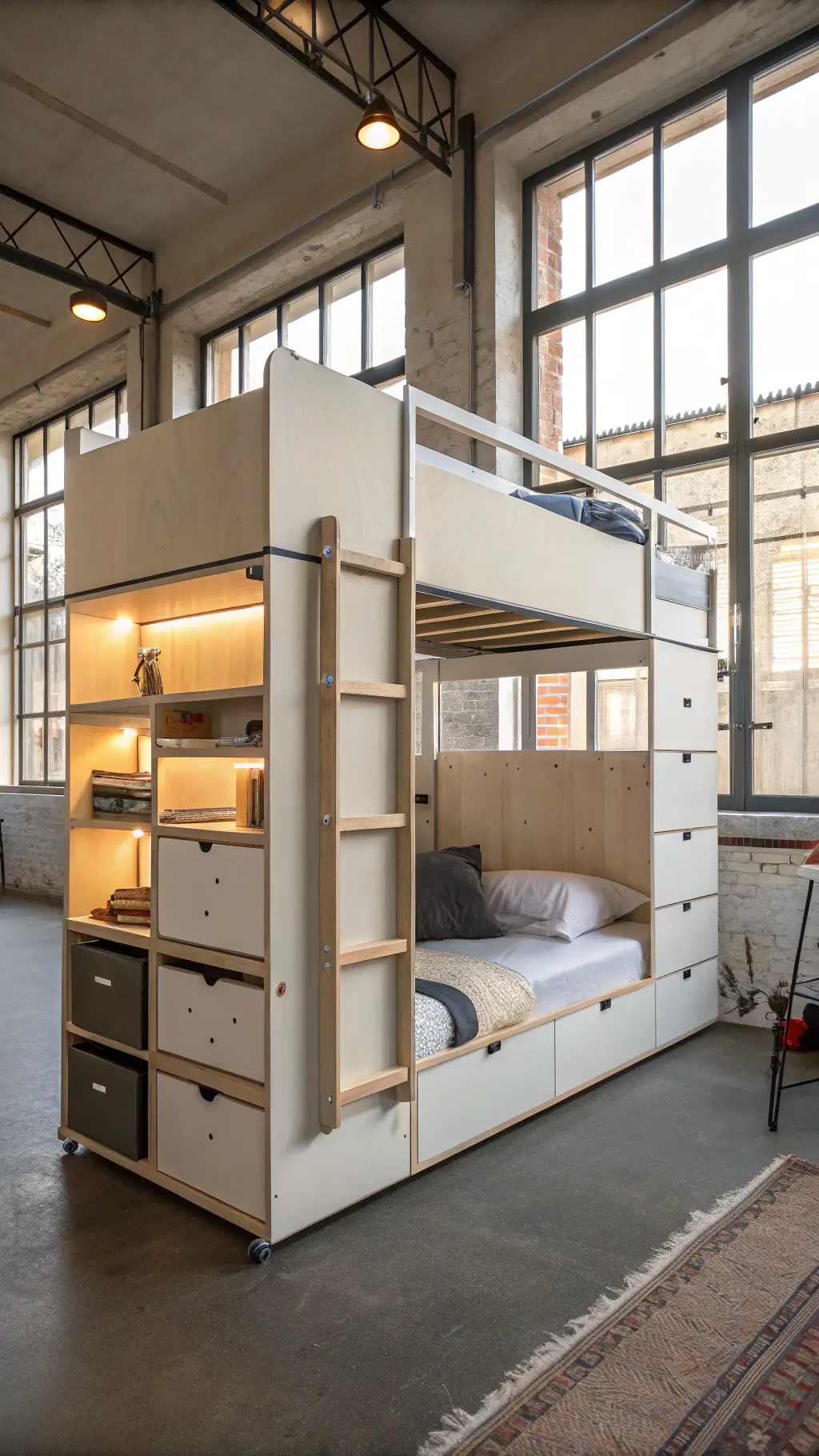 Modular bunk bed system in steel and plywood shown stacked and separated, with smart storage and modern children's furniture in cool industrial lighting.