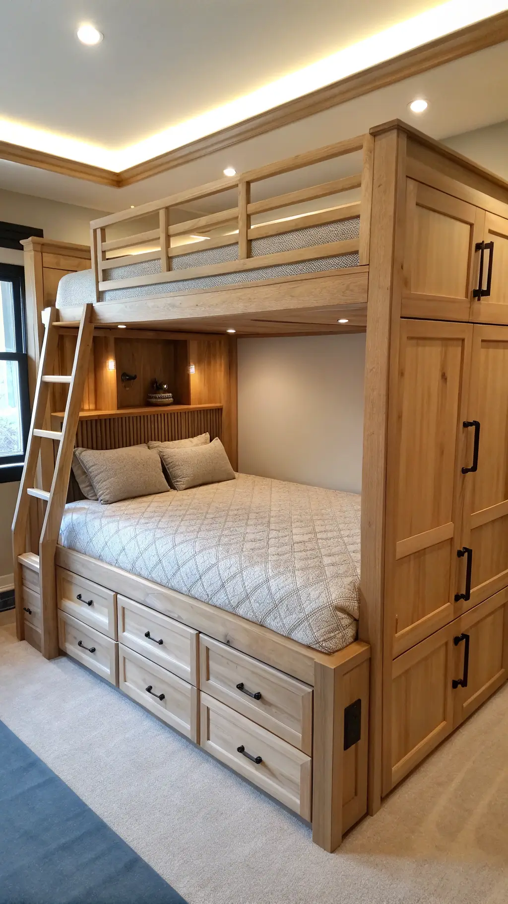 Custom maple bunk bed with built-in storage, high-end bedding, and LED lighting in a 16x20ft room, showcasing premium craftsmanship and safety features.