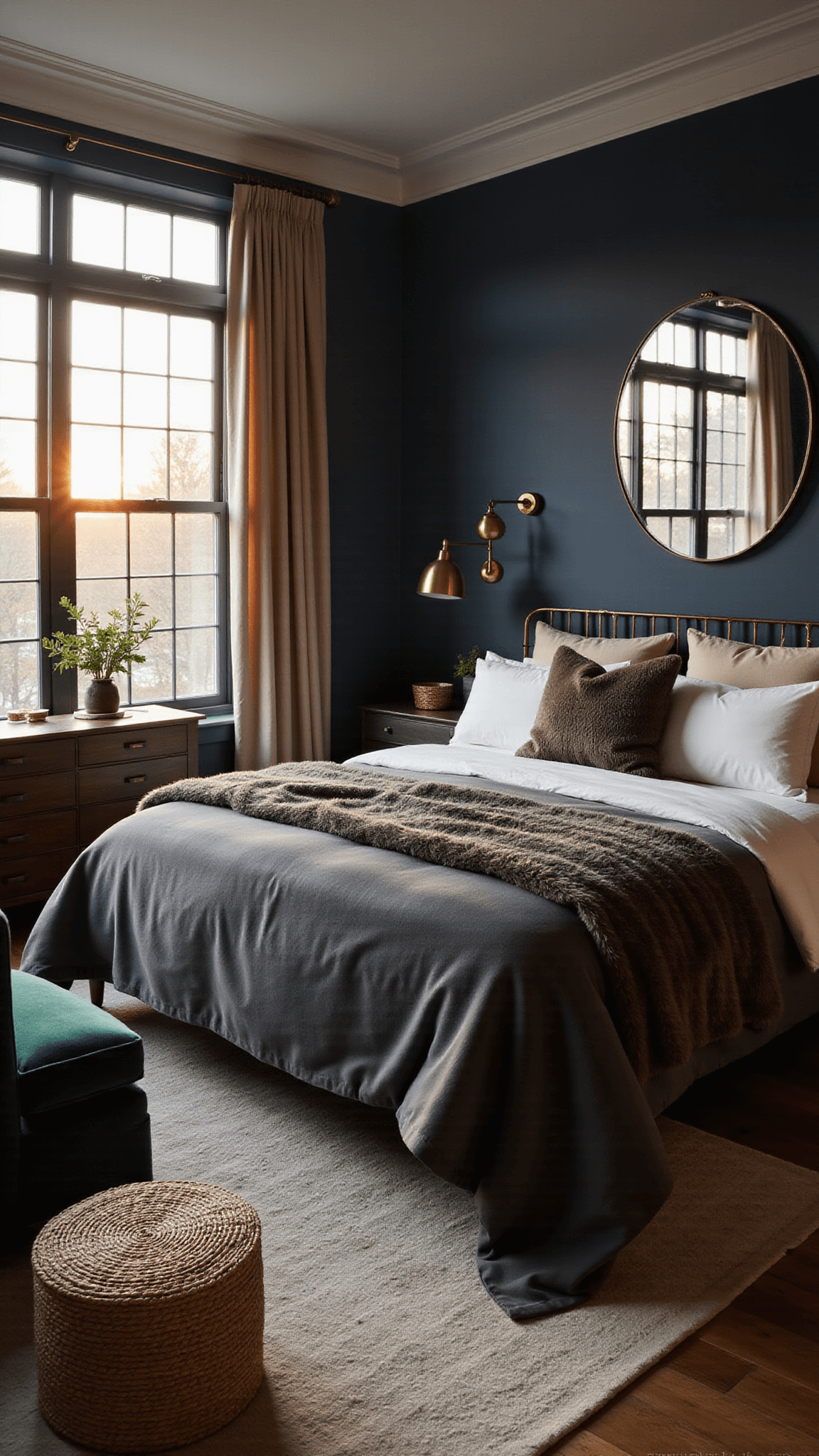 Moody master bedroom with navy walls, brass accents, and golden hour light highlighting a king bed with rich textures and vintage decor.