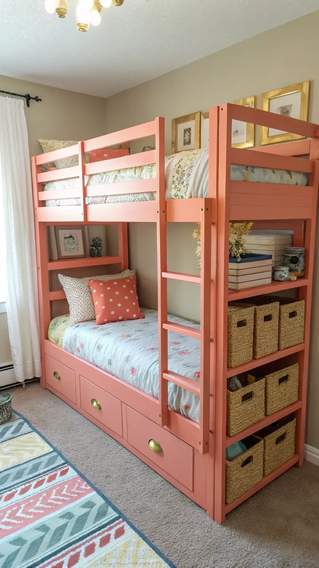 DIY coral-painted pine bunk bed with gold accents, featuring repurposed crate storage and thrifted accessories in morning sunlight.