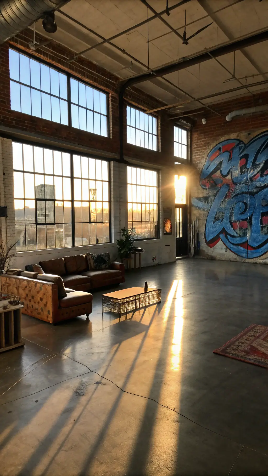 Industrial loft living room at golden hour with graffiti mural, leather sectional, and skateboard wall art.