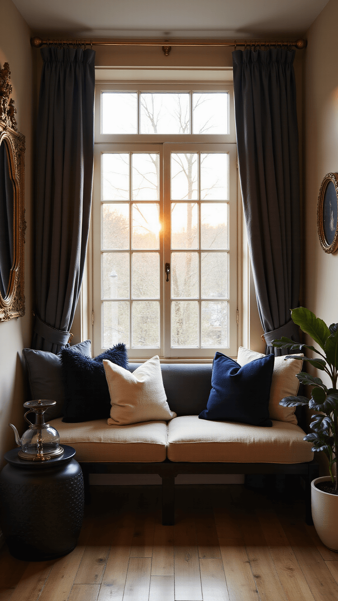 Sunset-lit window alcove with charcoal velvet curtains, beige cushioned seat, layered silk and faux fur pillows, brass accents, vintage mirror, and dark potted foliage.