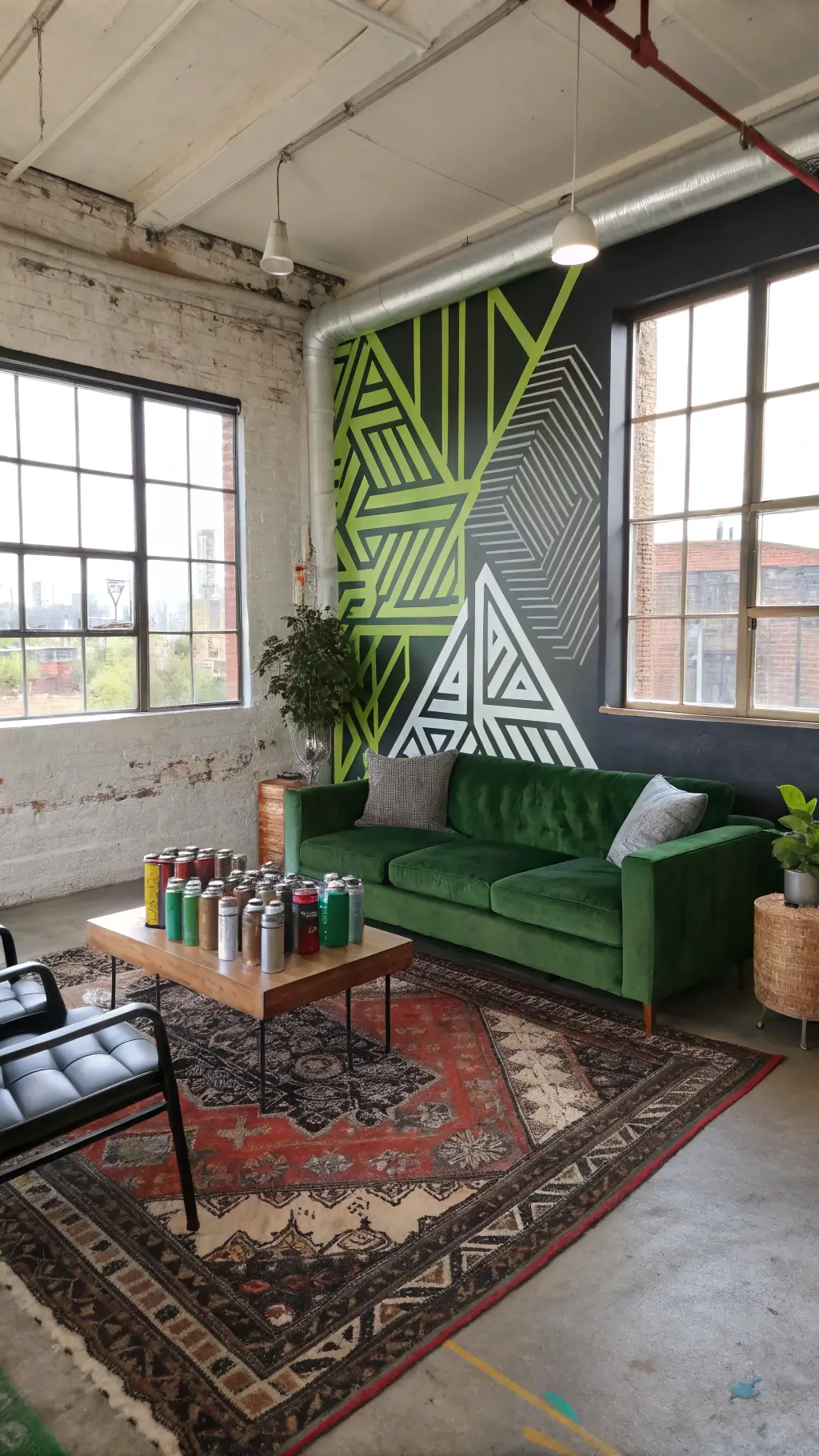 Mid-century modern living room with neon geometric statement wall, emerald velvet sofa, vintage rug, and spray paint can art installation in natural morning light.