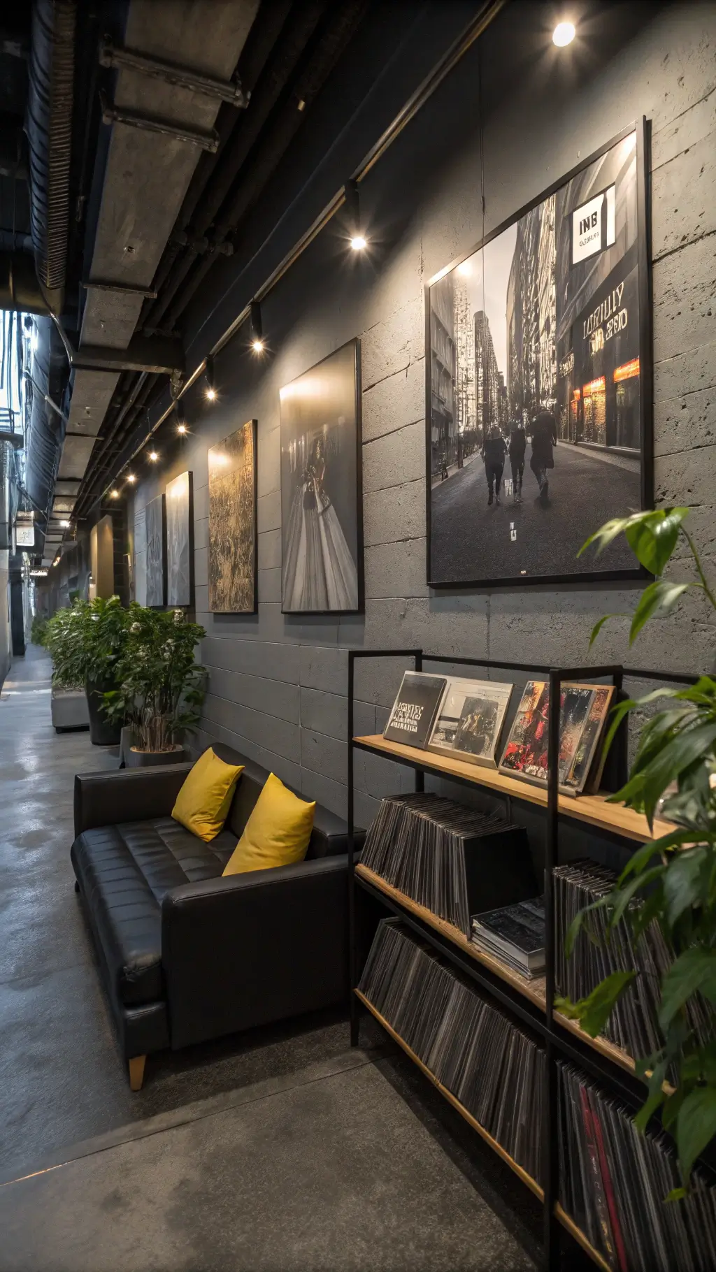 Urban sanctuary room with dark gray walls, vinyl records on floating shelves, Japanese photography prints, black leather seating with yellow pillows, industrial shelving with plants, and moody blue hour lighting.