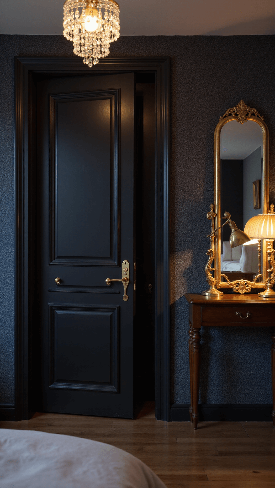 Tall black panel door with brass hardware in moody, dimly lit bedroom entryway, featuring navy grasscloth walls, crystal pendant shadows, and vintage brass mirror reflecting warm table lamp glow.