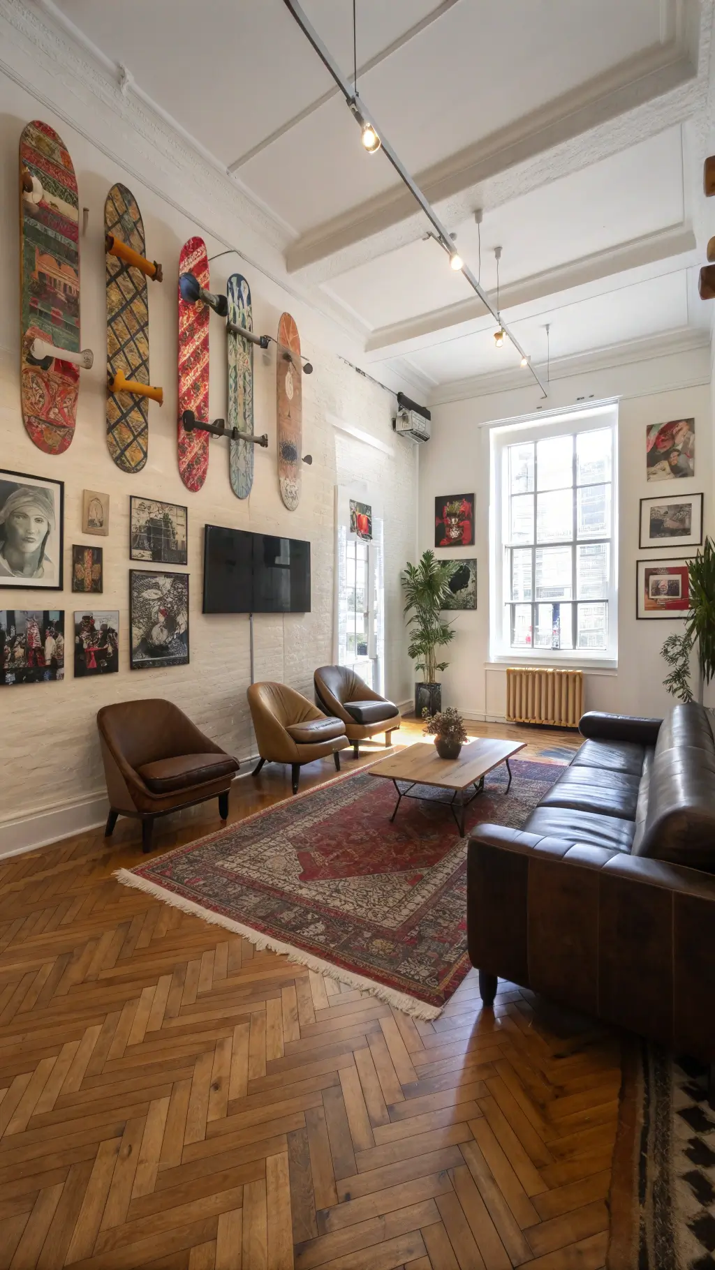 Sunlit corner living room with herringbone wood floors, typographic murals on white walls, vintage skateboards as art, layered Persian rugs, and eclectic seating including leather butterfly chairs and a metal bench.