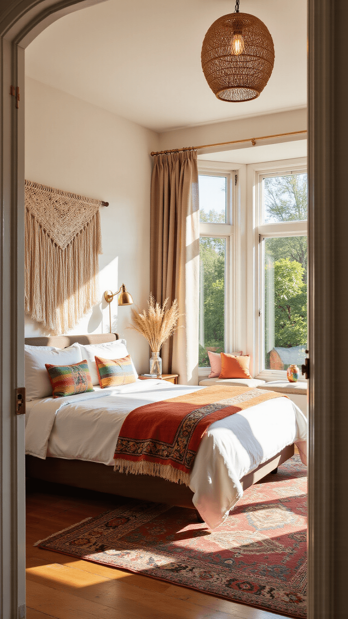 Sunlit boho bedroom with king bed, Moroccan blankets, rainbow light through curtains, rattan lights, and pampas grass accents.