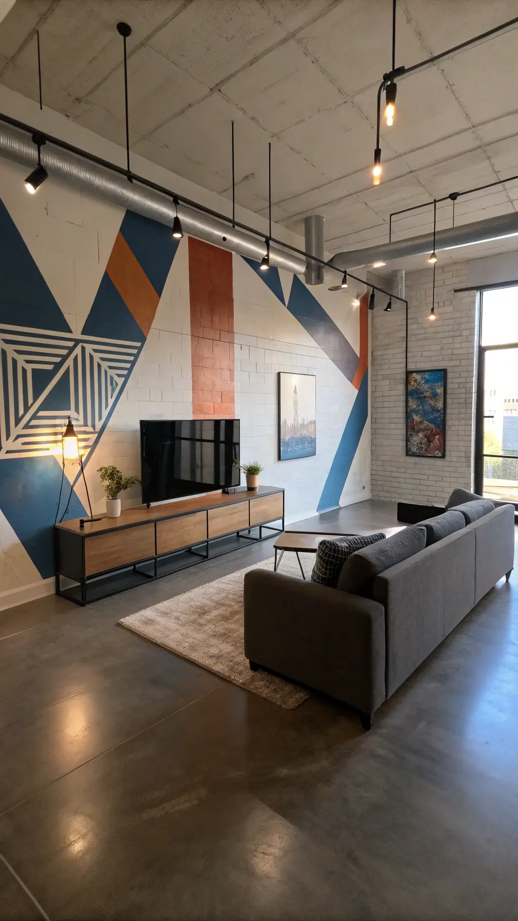 Minimalist open-concept room with geometric street art, floating black steel entertainment unit, charcoal modular sofa, and pendant lights at twilight.