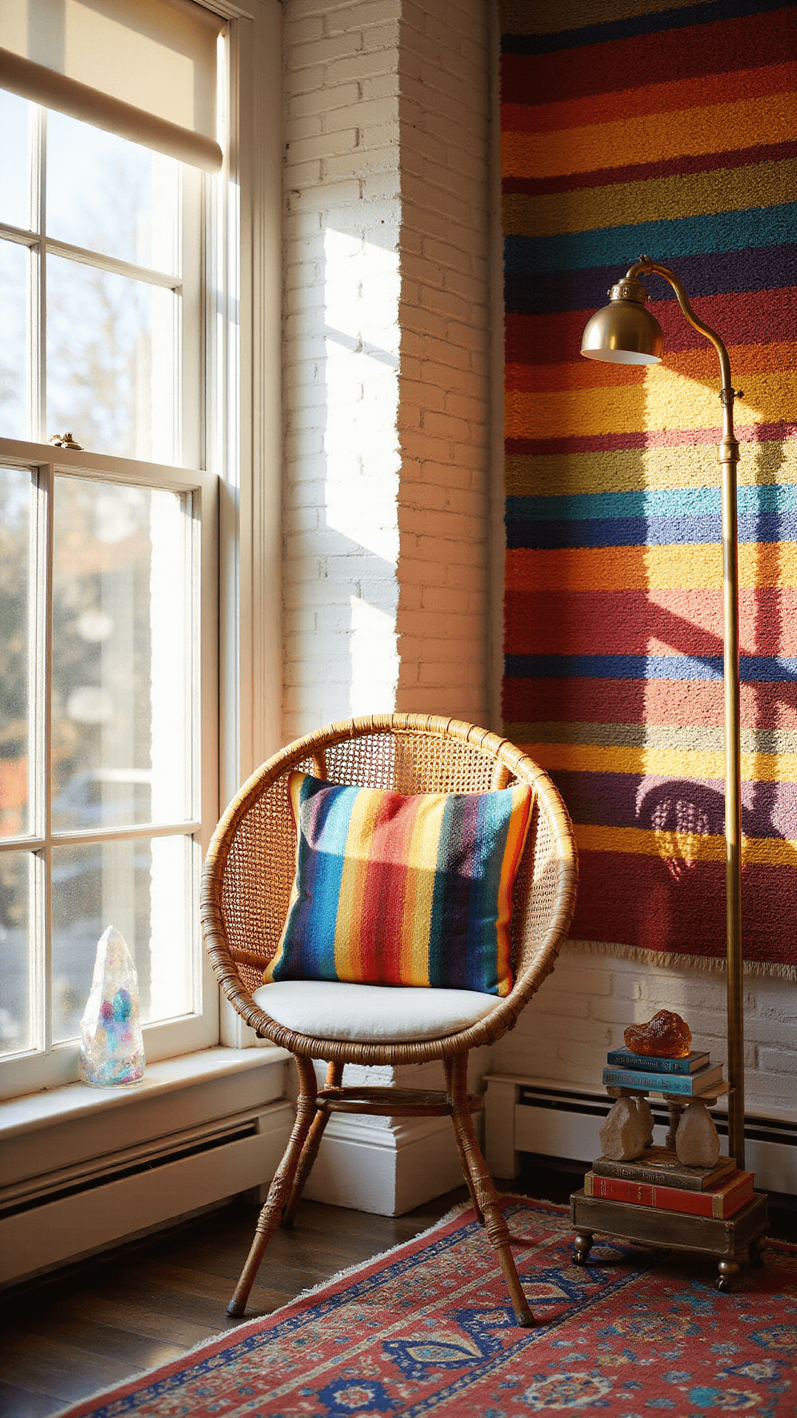 Cozy boho reading nook with hanging rattan chair, rainbow cushions, white brick wall, handwoven tapestry, Kilim rugs, vintage books, and morning light reflections.