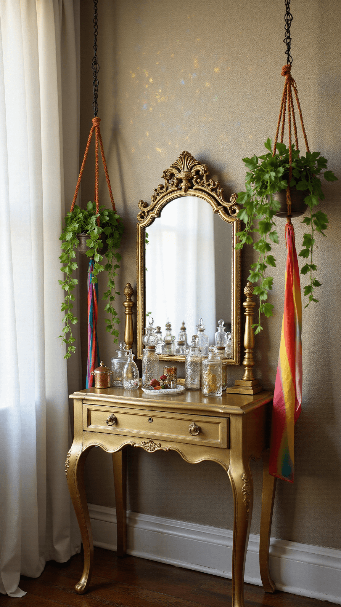 Bohemian vanity with vintage brass, crystal perfume bottles, and silk scarves, bathed in soft natural light with prismatic reflections and trailing pothos.