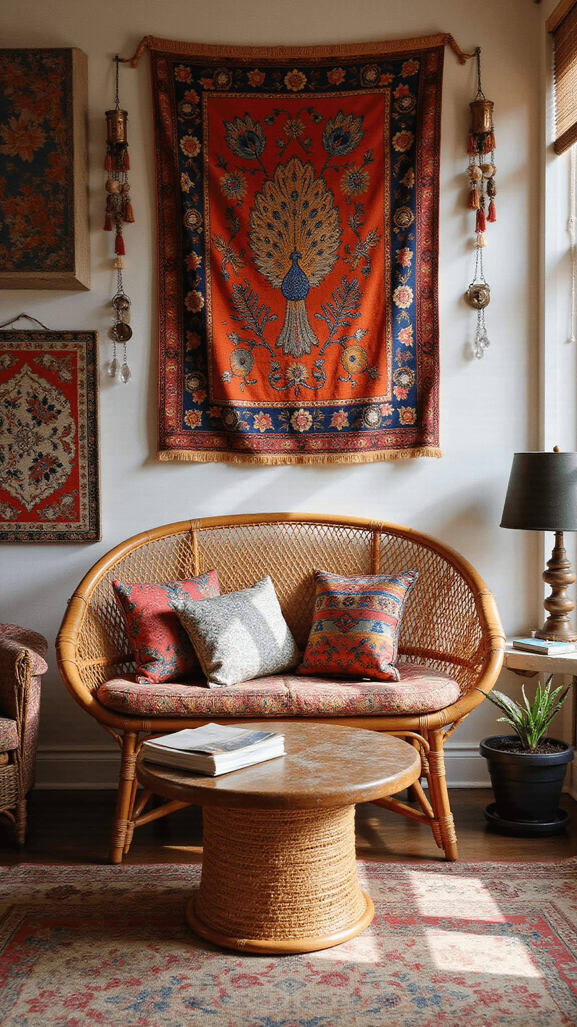 Colorful accent wall with layered vintage textiles in rainbow order, side-lit to highlight textures, with a rattan peacock chair and decorative pillows centered below brass wind chimes and crystal suncatchers.