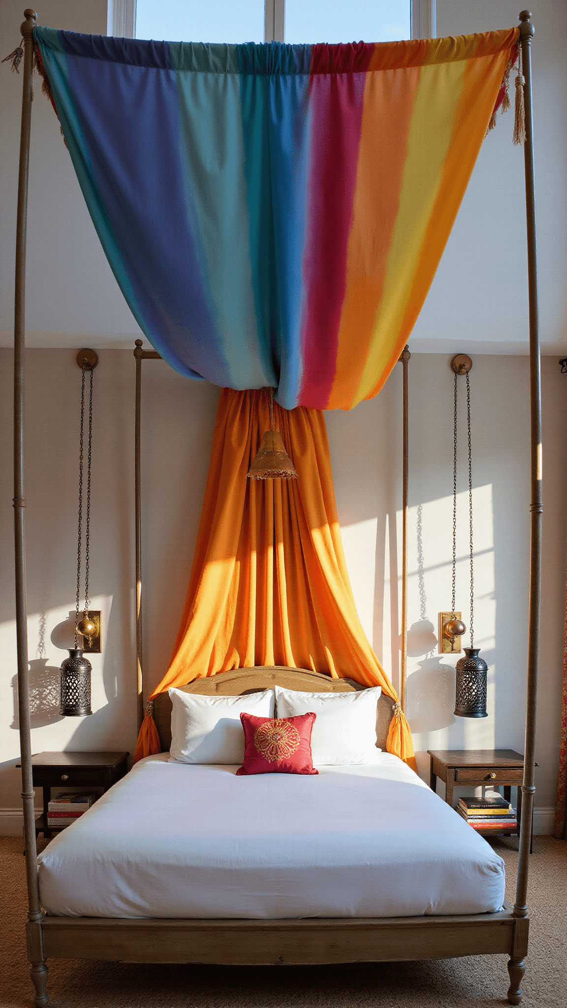 Overhead view of king bed with rainbow silk canopy and white linens, accented by gradient silk pillows and Moroccan lanterns casting shadows.