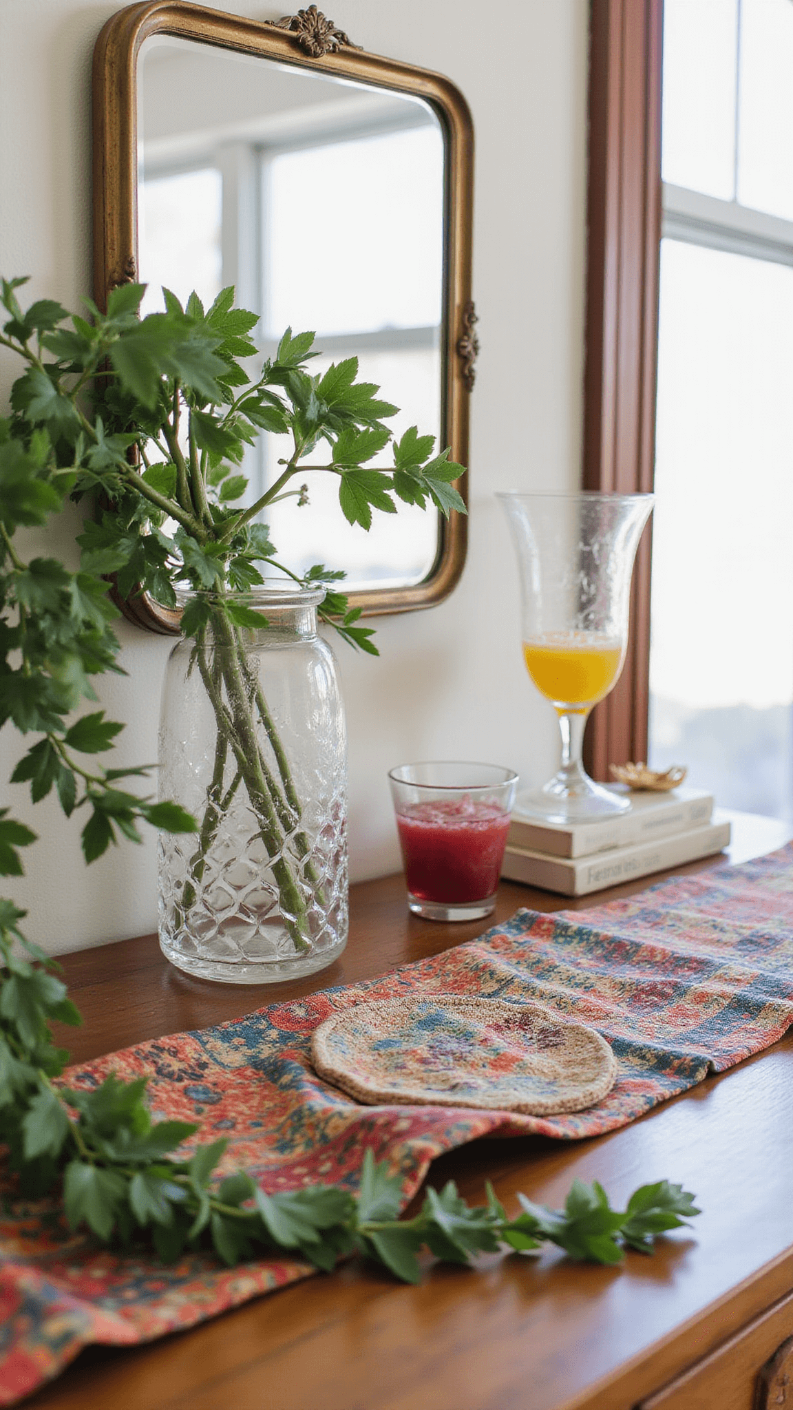 Close-up of vintage dresser with brass mirrors, crystals, rainbow glass, trailing plants, and textured textile runner in natural light.