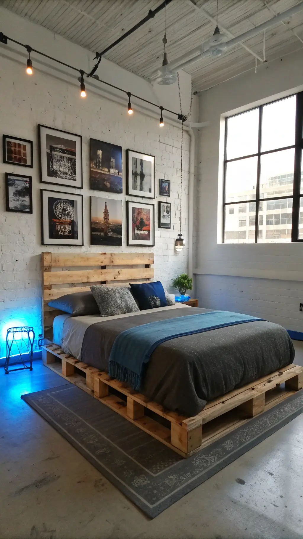 Midday shot of industrial-style bedroom with pallet bed, concrete walls, electric blue lighting, and street photography gallery wall.