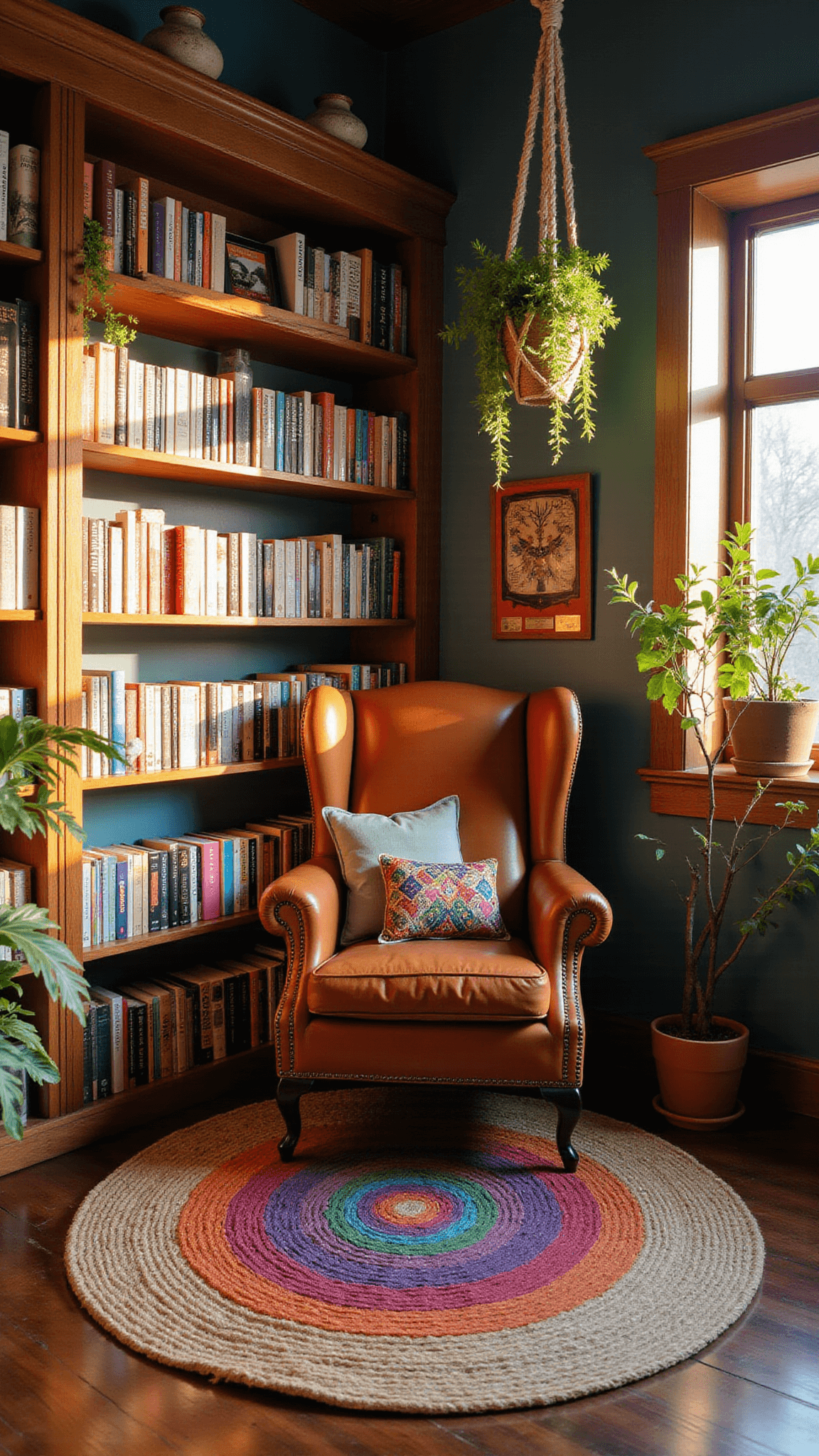 Rainbow-themed reading nook with color-coded bookshelves, vintage leather chair on layered rugs, and hanging plants lit by golden hour sunlight.