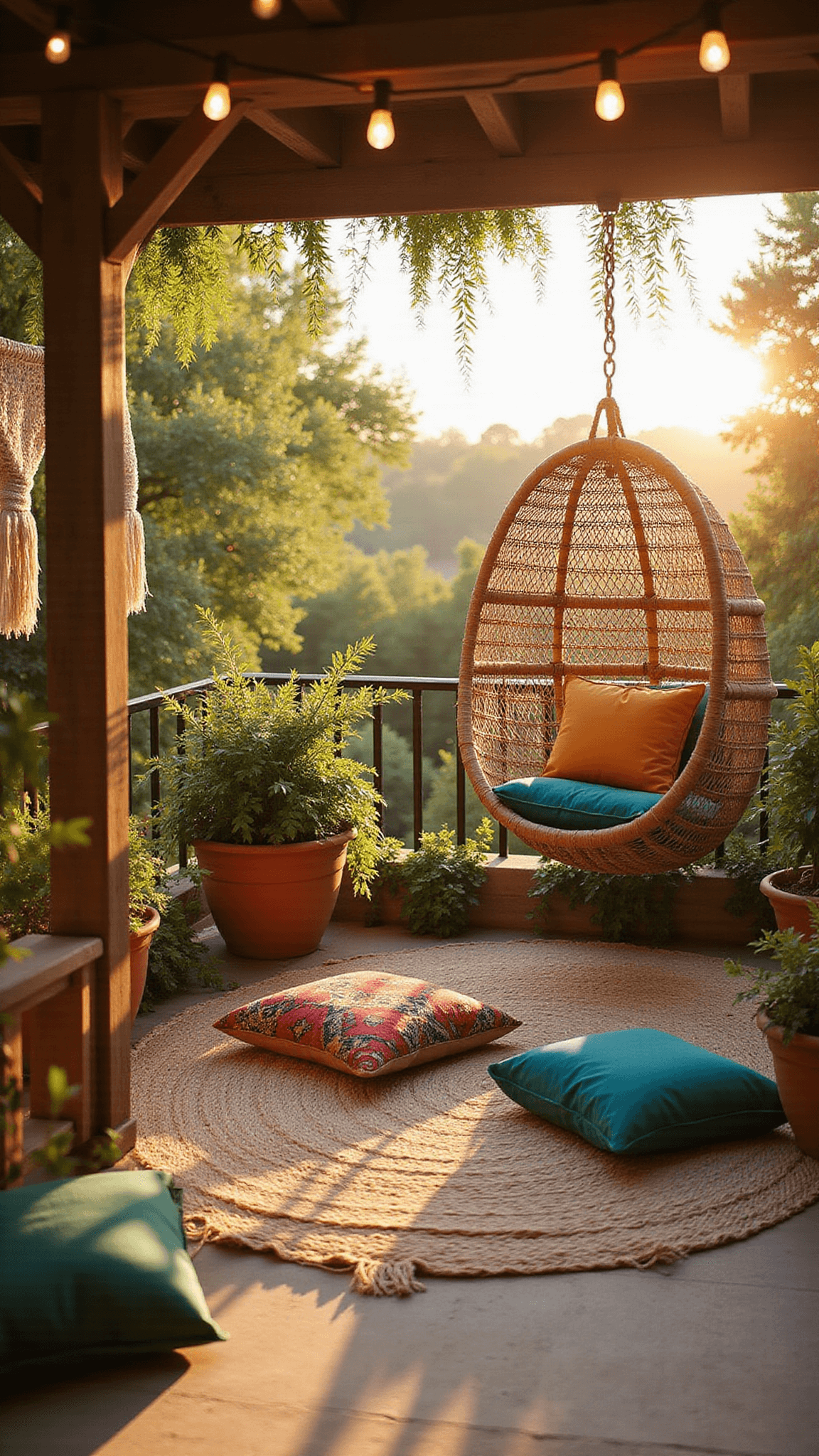 Golden hour patio with rattan hanging chair under pergola, layered rugs, jewel-toned cushions, terracotta planters, and string lights.