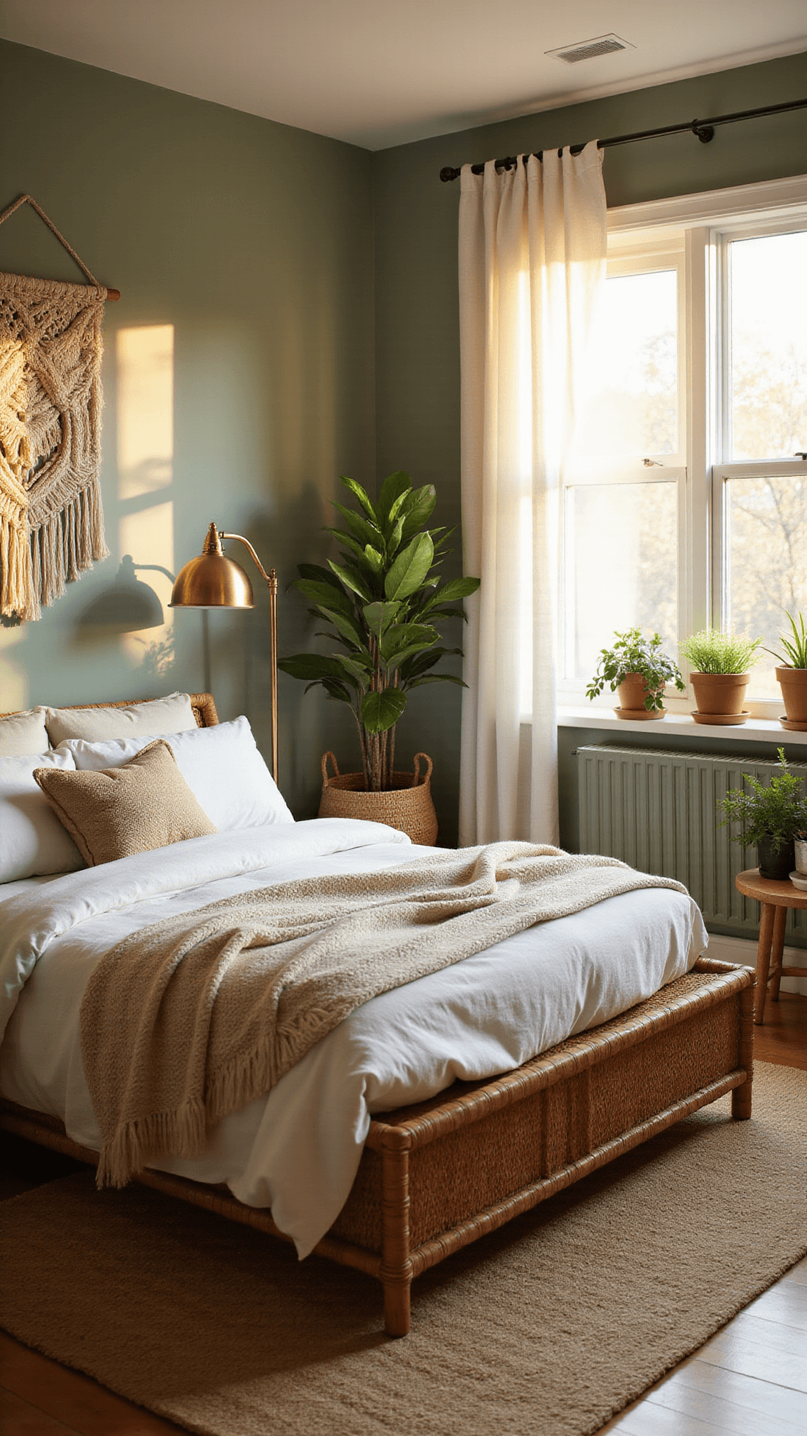 Sunlit sage green bedroom with rattan bed, cream linens, macramé wall hanging, vintage brass lamp, potted plants, and natural textures.