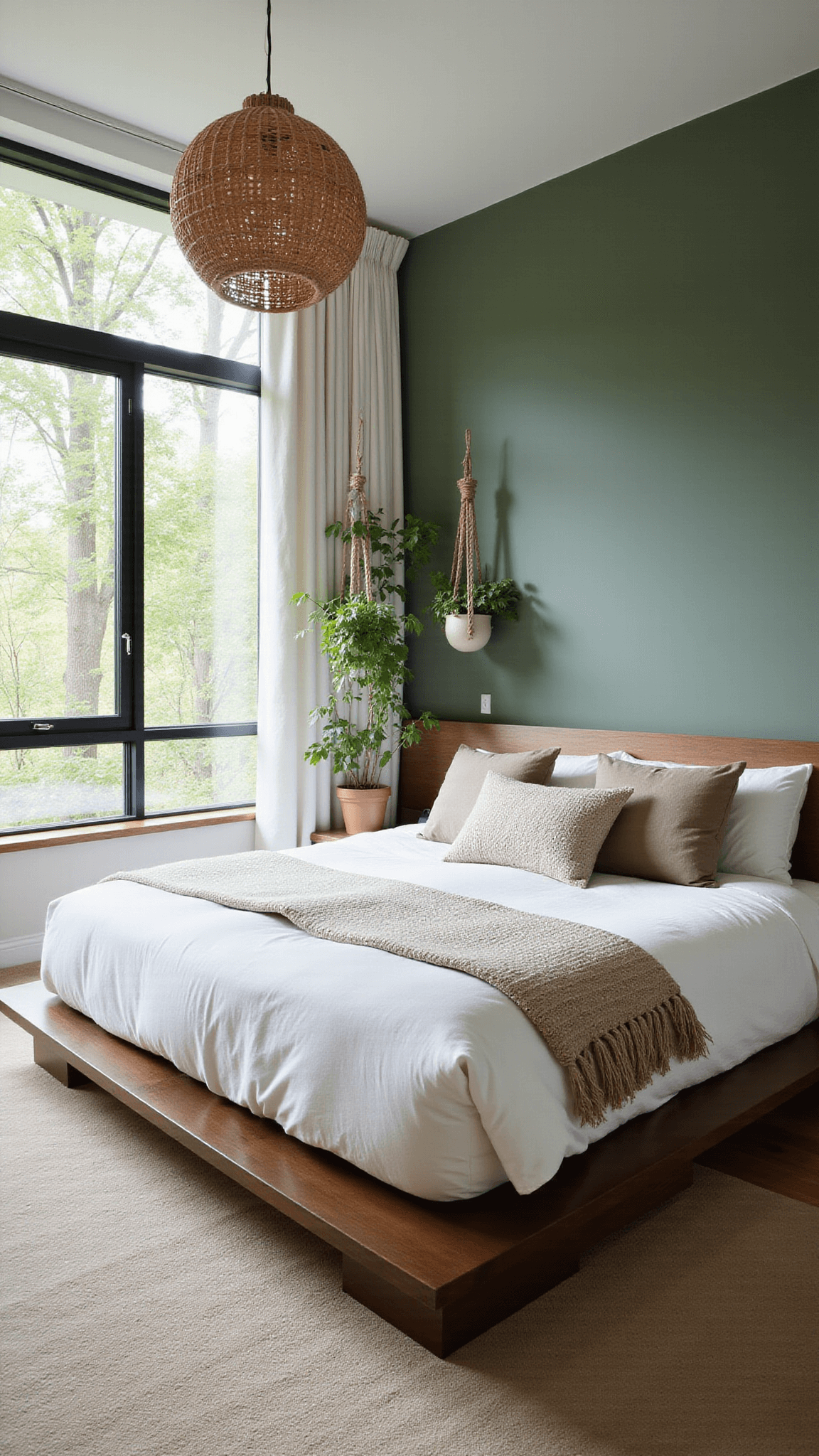 Sunlit 12x14ft bedroom with sage green accent wall, modern platform bed with white linens, earthy pillows, hanging plants, rattan pendant light, and contrasting natural textures.