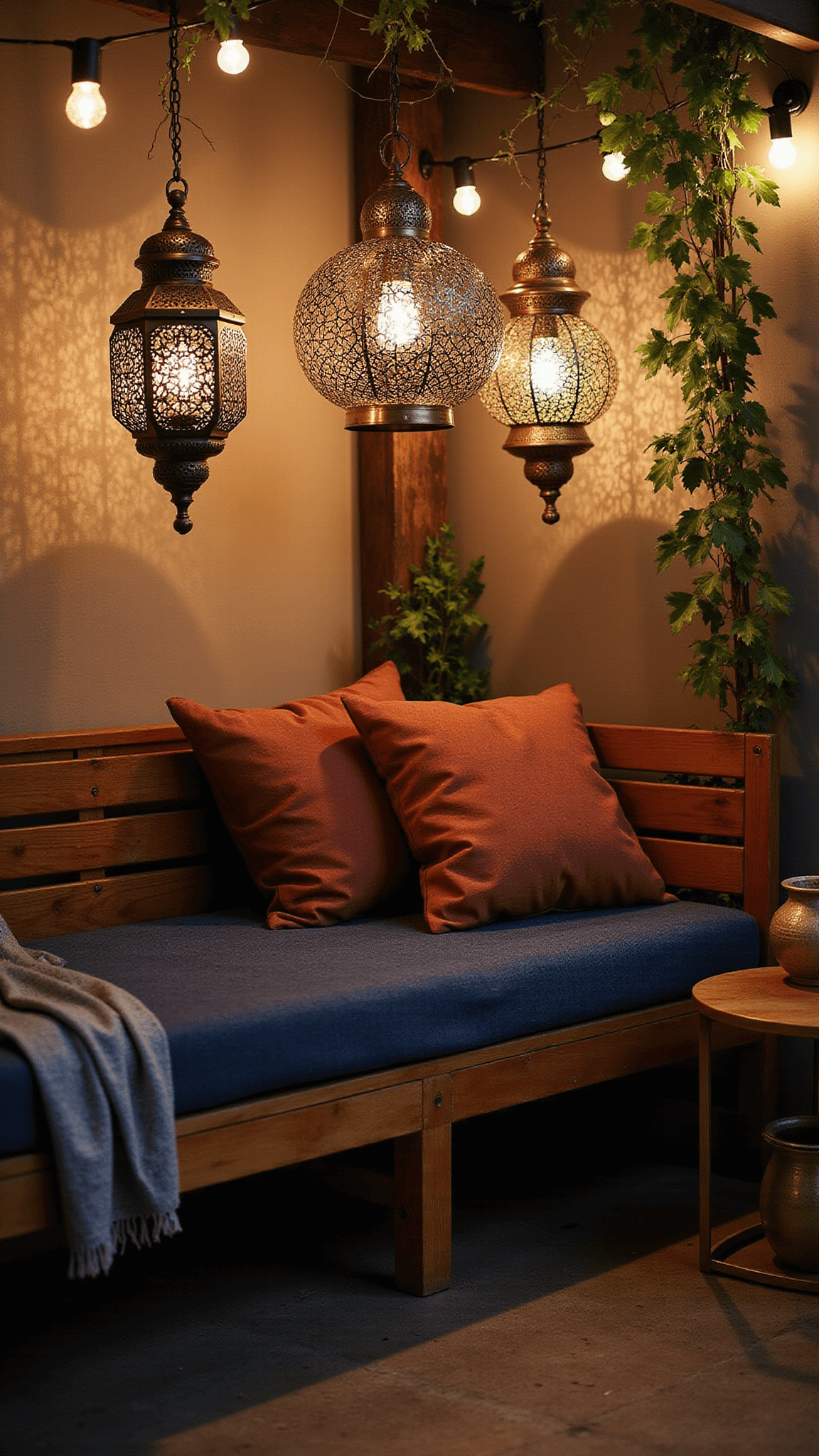 Cozy covered patio corner with Moroccan lanterns casting shadows, teak daybed with indigo throws and rust pillows, brass tables with plants, and ambient string lighting.