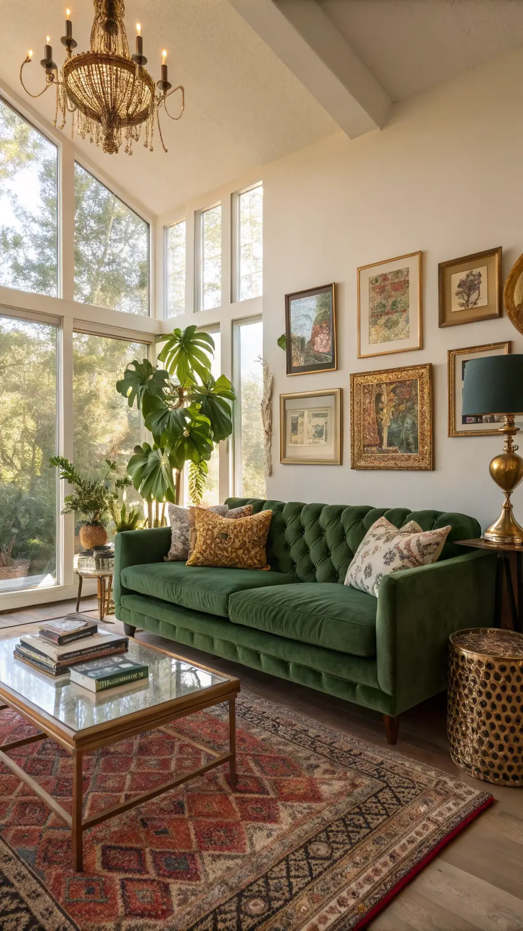 Vintage emerald green velvet sofa with mixed pattern cushions in a warmly lit living room, featuring floor-to-ceiling windows, Persian and sisal rugs, brass coffee table with art books, ornate gallery wall, fiddle leaf fig, and jewel-toned decor.