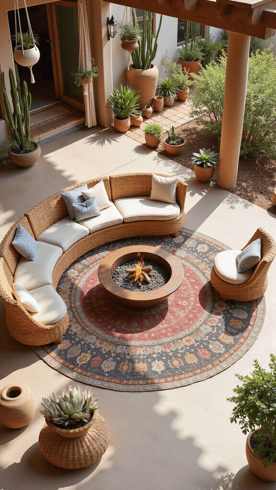 Open-air patio with circular rattan seating around a copper fire pit, layered earth-tone rugs, desert plants in pottery, and macrame hangers under wooden beams in bright morning light.