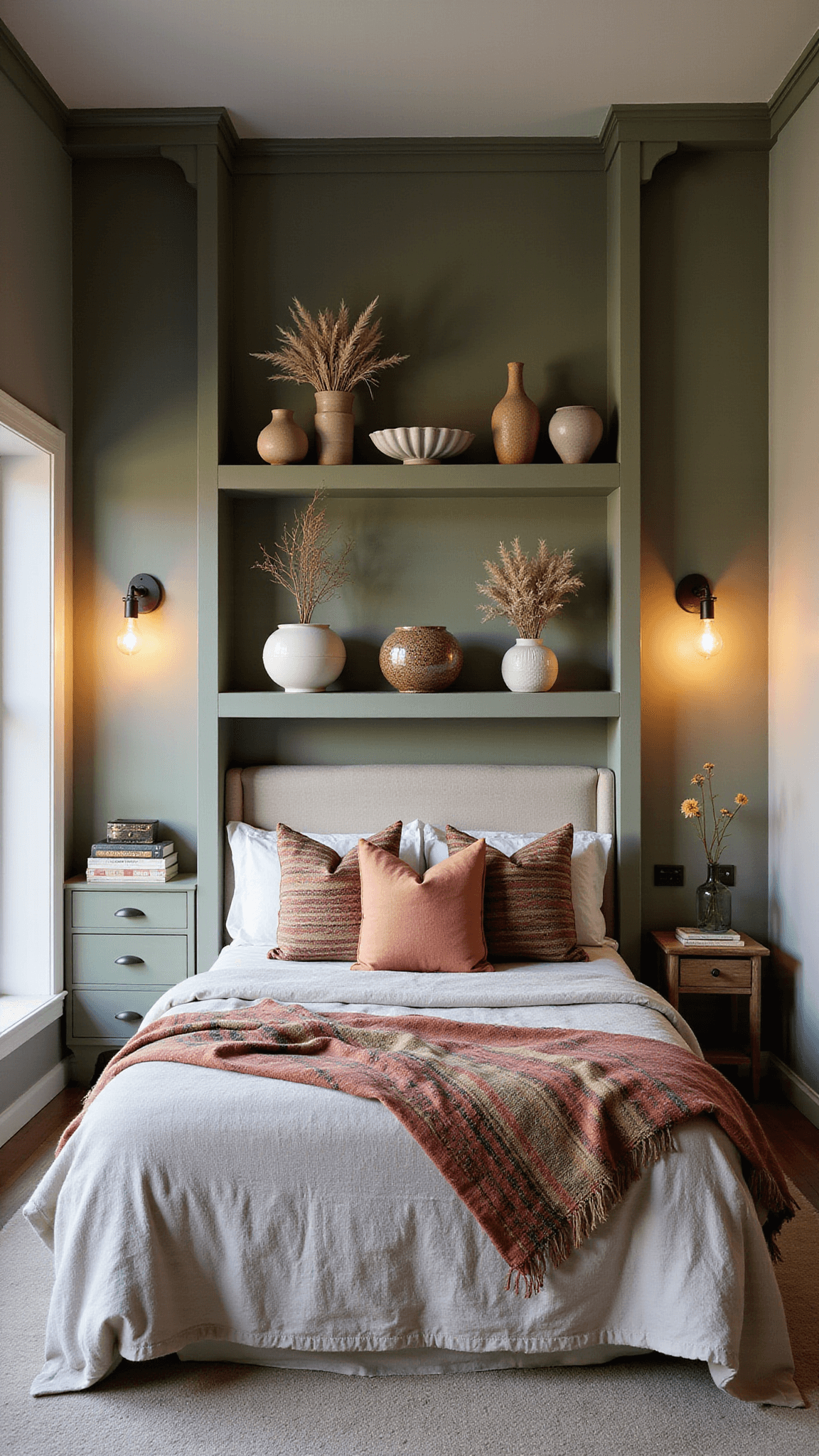 Cozy 10x12ft bedroom at dusk with sage green built-ins, Edison sconces, California king bed in rumpled linen, kilim pillows, and Moroccan wedding blanket.