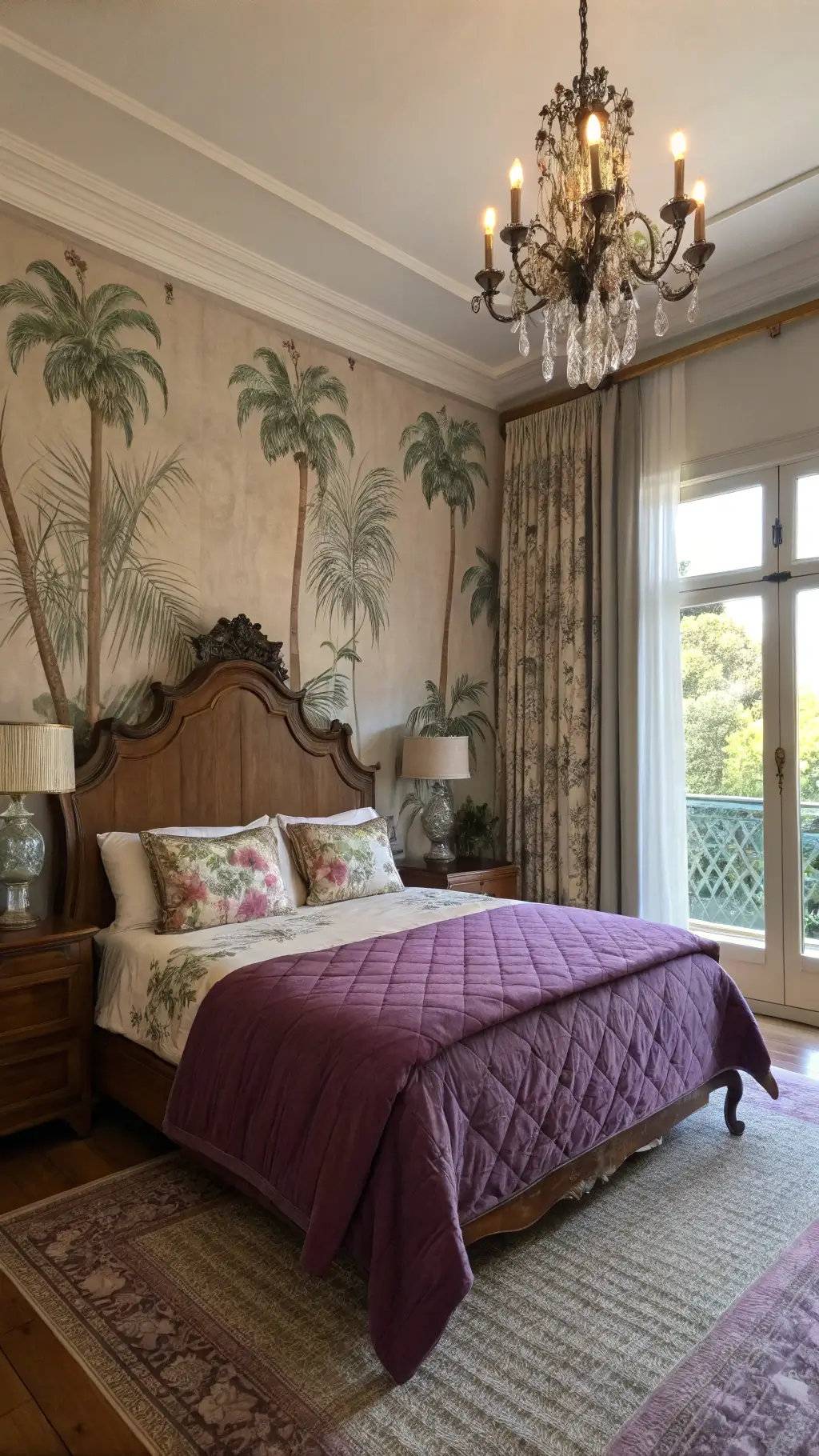 Master bedroom with tropical wallpaper, king bed in violet silk linens and Moroccan blanket, antique mirrors, crystal chandelier, and morning light through botanical curtains.