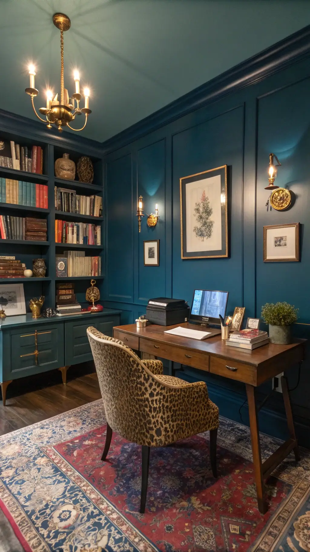 Maximalist home office with peacock blue walls, campaign desk styled with vintage accessories, leopard print chair, and floor-to-ceiling color-coordinated bookshelf during blue hour.