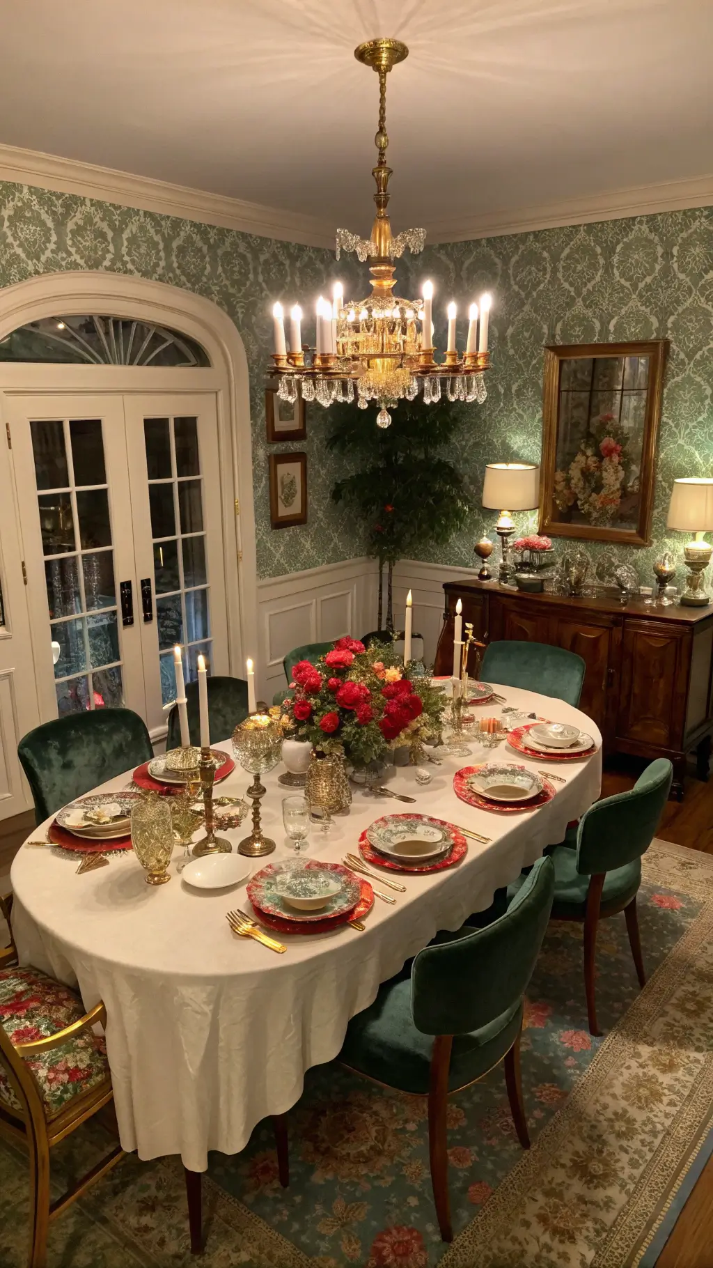 Dining room at dusk with chandelier casting dramatic shadows over a classic oval table featuring a maximalist tablescape of vintage china, colored glass, brass candlesticks, and bold floral centerpiece; surrounded by mixed-style dining chairs, chinoiserie wallpaper, gilt mirror, and a sideboard styled with a bar setup and art, in navy, coral, gold, and emerald tones.