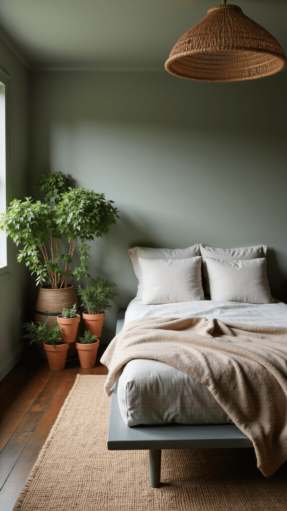 Cozy 11x13ft bedroom at twilight with sage green plaster walls, low-profile platform bed on jute rug, layered linens and mud cloth, rattan pendant light casting shadows, terra cotta pots with trailing plants, and moody mixed lighting.