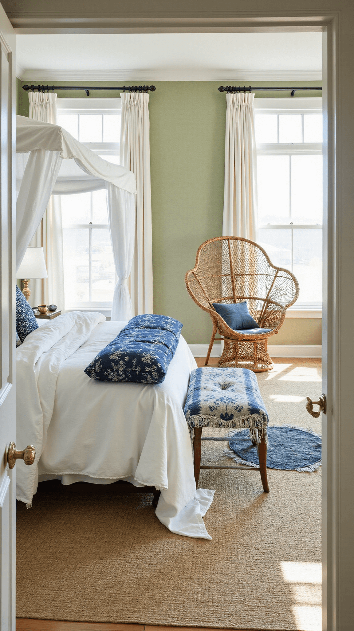 Airy sage green bedroom with canopy bed, indigo accents, rattan peacock chair, and floor-to-ceiling windows.